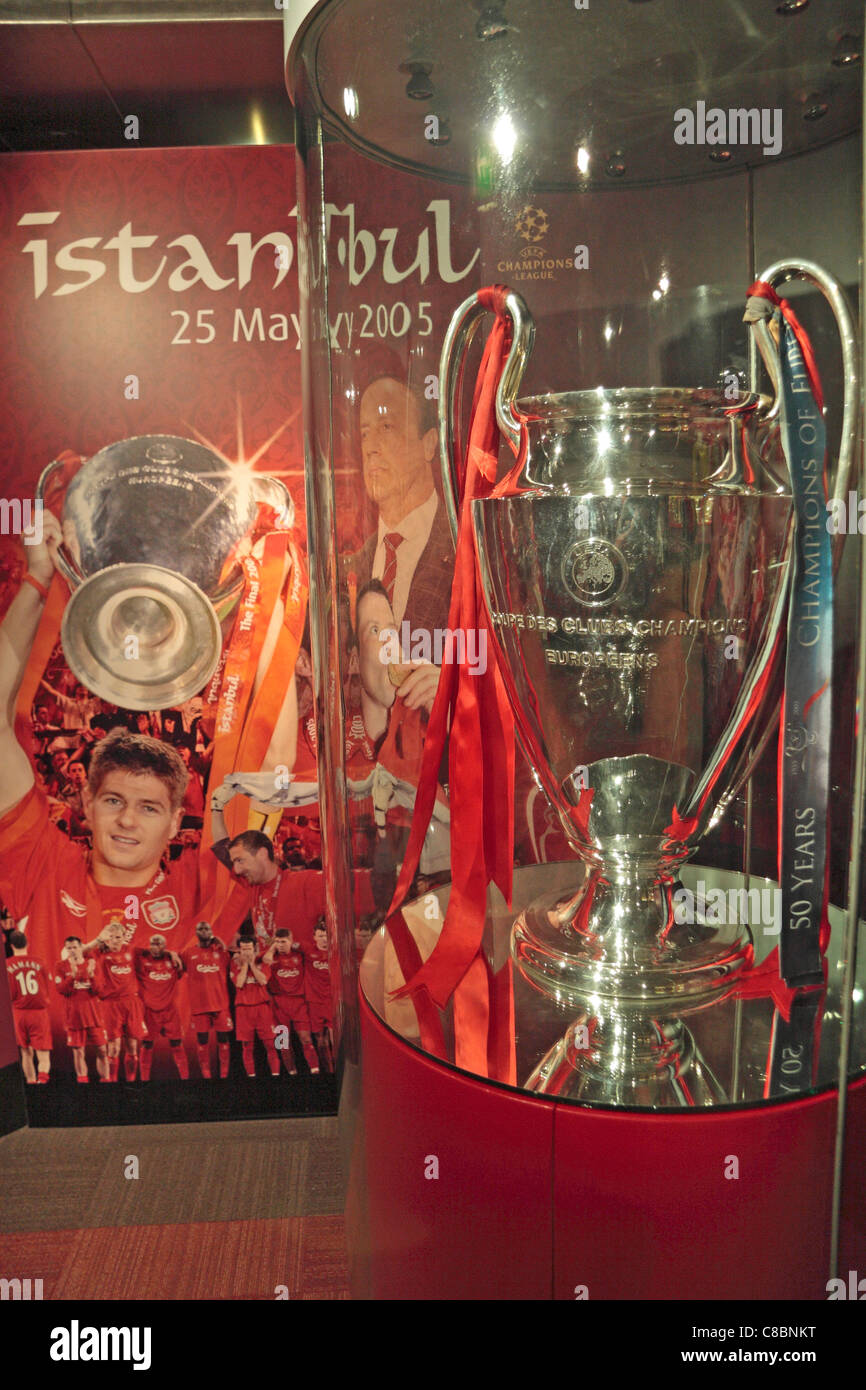The European Champions League trophy from Istanbul 2005 at Anfield, the home ground of Liverpool Football club. Stock Photo