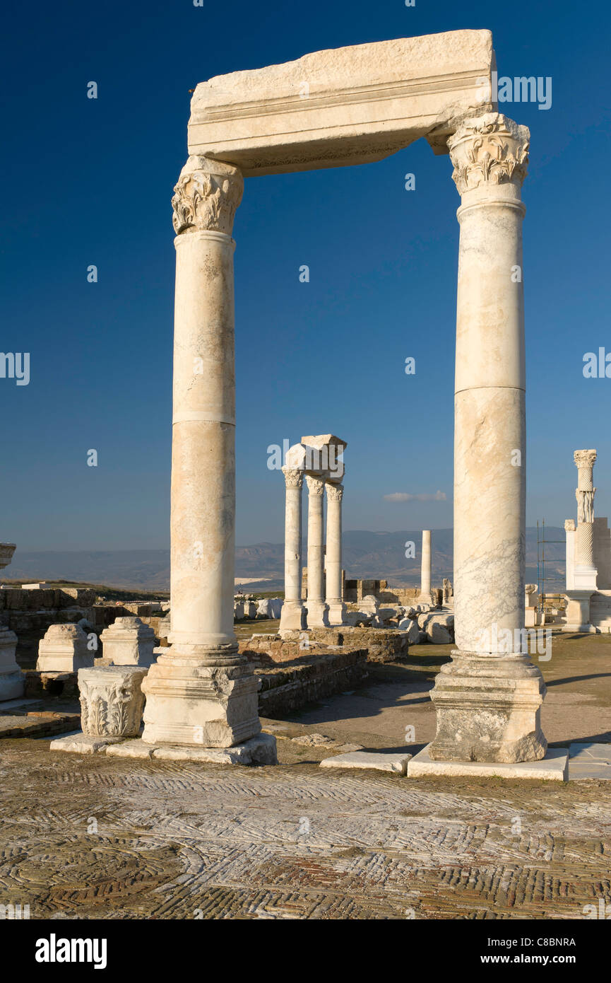A view of the Ionic Temple undergoing restoration work at Laodiceia, Denizli, Turkey. Stock Photo