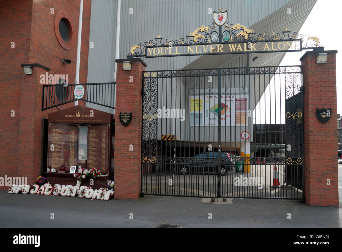 The Anfield Road gates to Anfield, beside the Hillsborough disaster memorial, Liverpool football club.  Aug 2011 Stock Photo