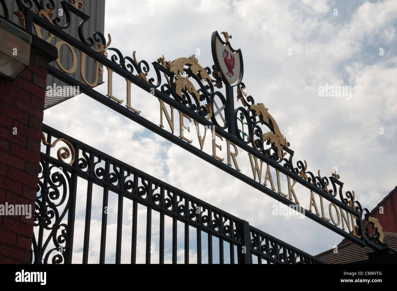 The 'You'll Never Walk Alone' gates on the Anfield Road entrance of Anfield, the home ground of Liverpool Football club. Stock Photo