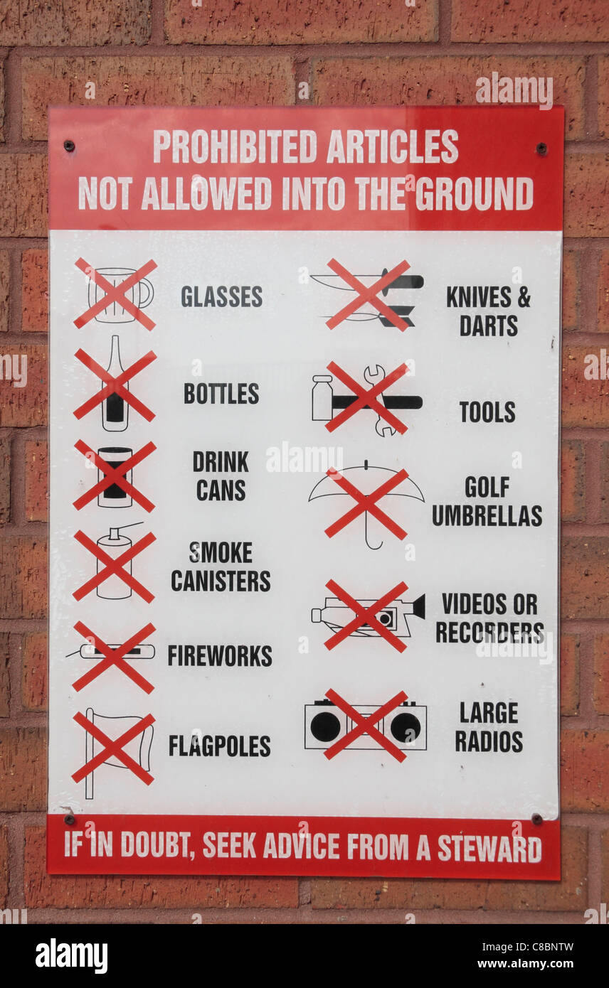 A "Prohibited articles" sign at Anfield, the home ground of Liverpool