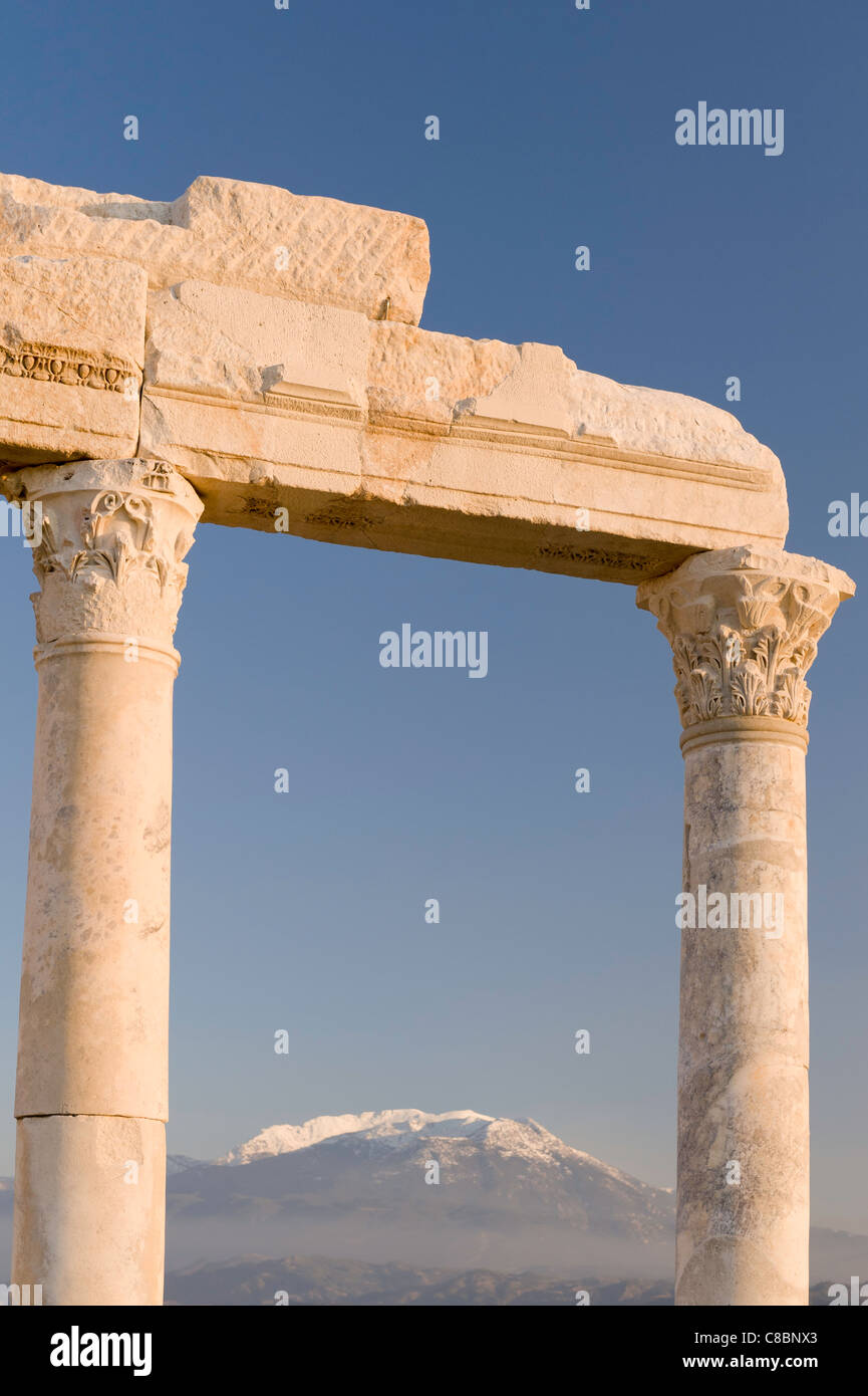 A view of the Ionic Temple undergoing restoration work at Laodiceia, Denizli, Turkey. Stock Photo