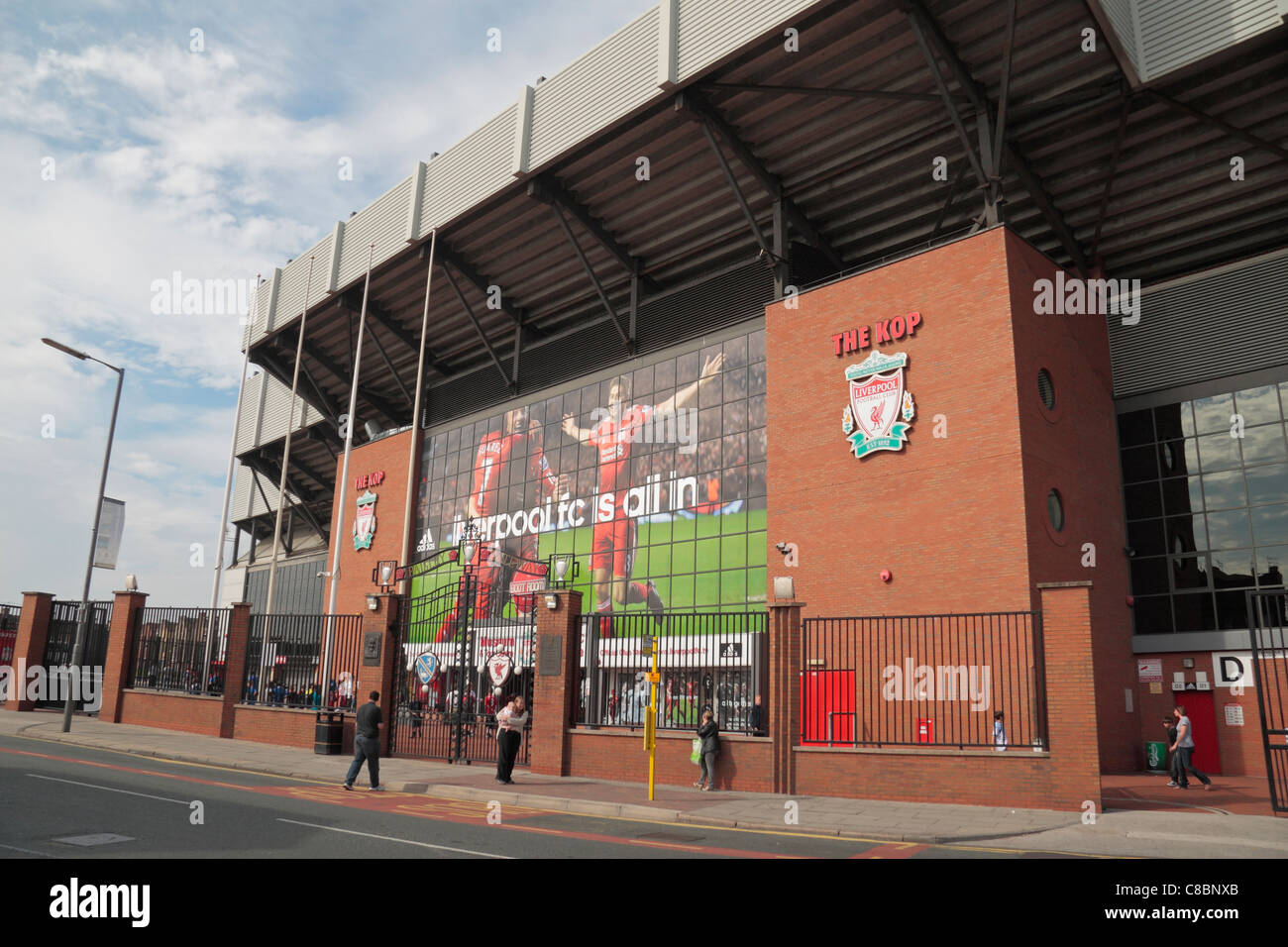 External view of the Kop end of Anfield, with the Paisley Gate at the home ground of Liverpool Football club. Aug 2011 Stock Photo