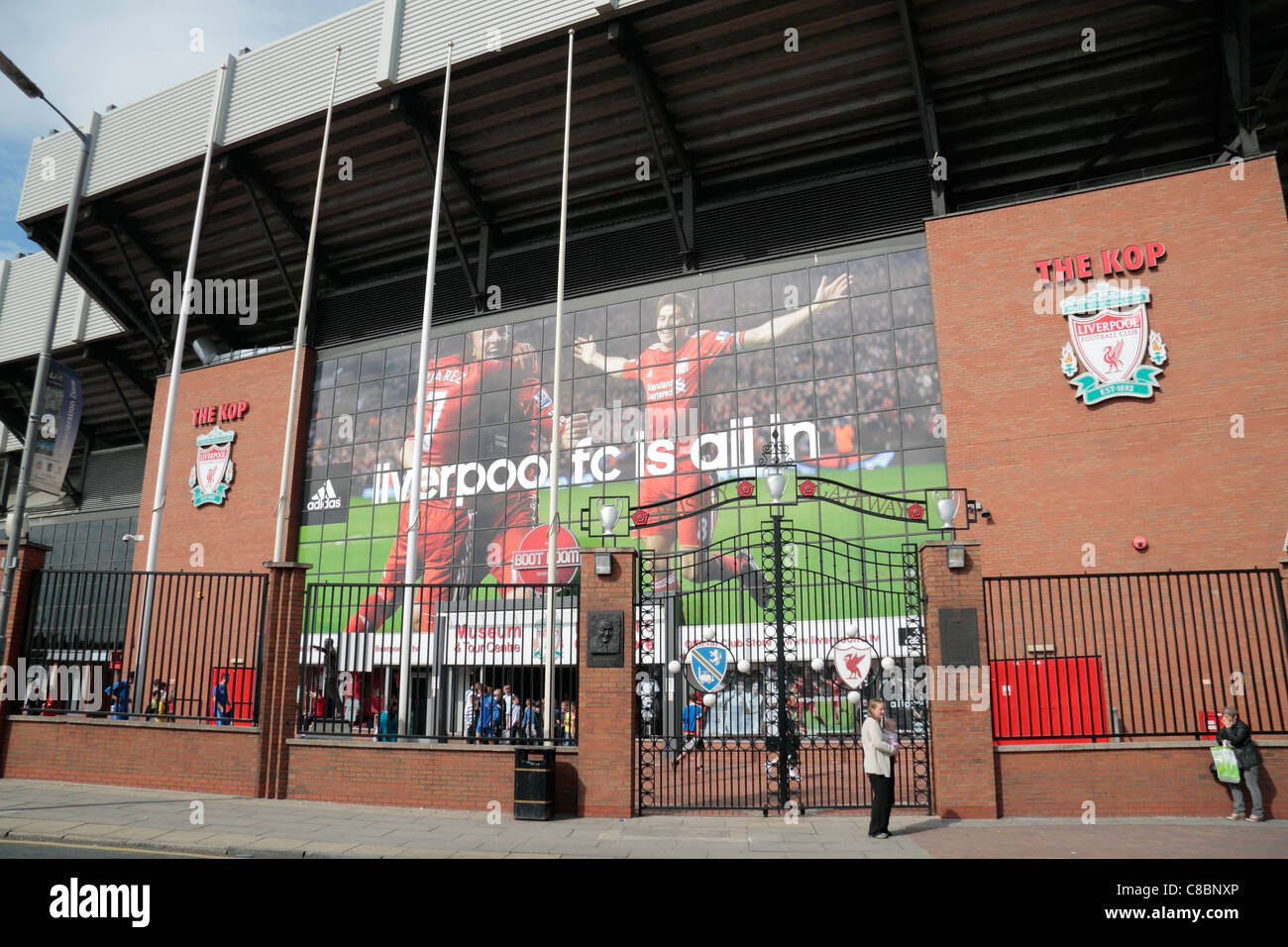 External view of the Kop end of Anfield, with the Paisley Gate at the home ground of Liverpool Football club.  Aug 2011 Stock Photo