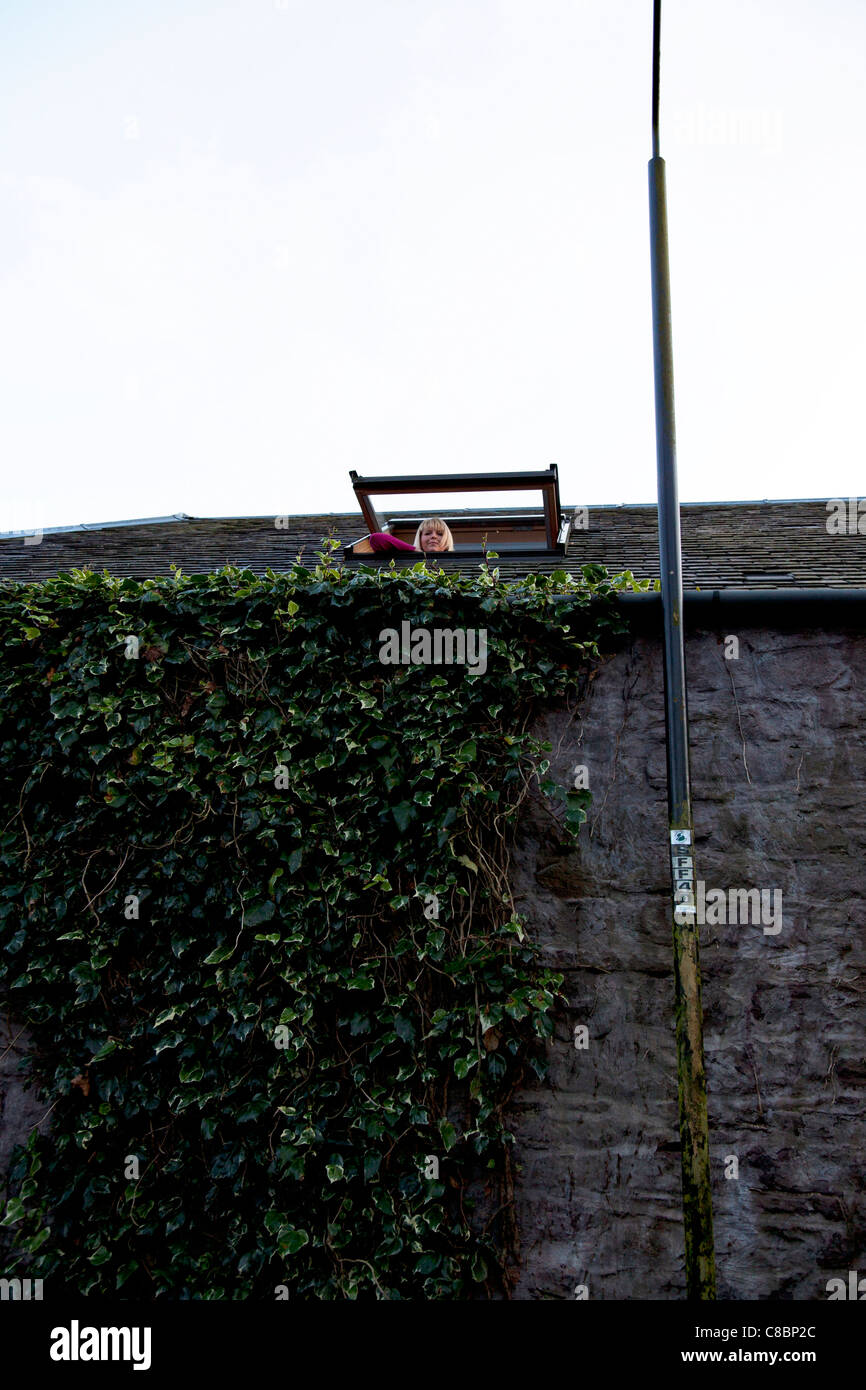 Gartmore, Scotland, lady looking out of a velux tilt window on dorma roof window open tilted up Stock Photo