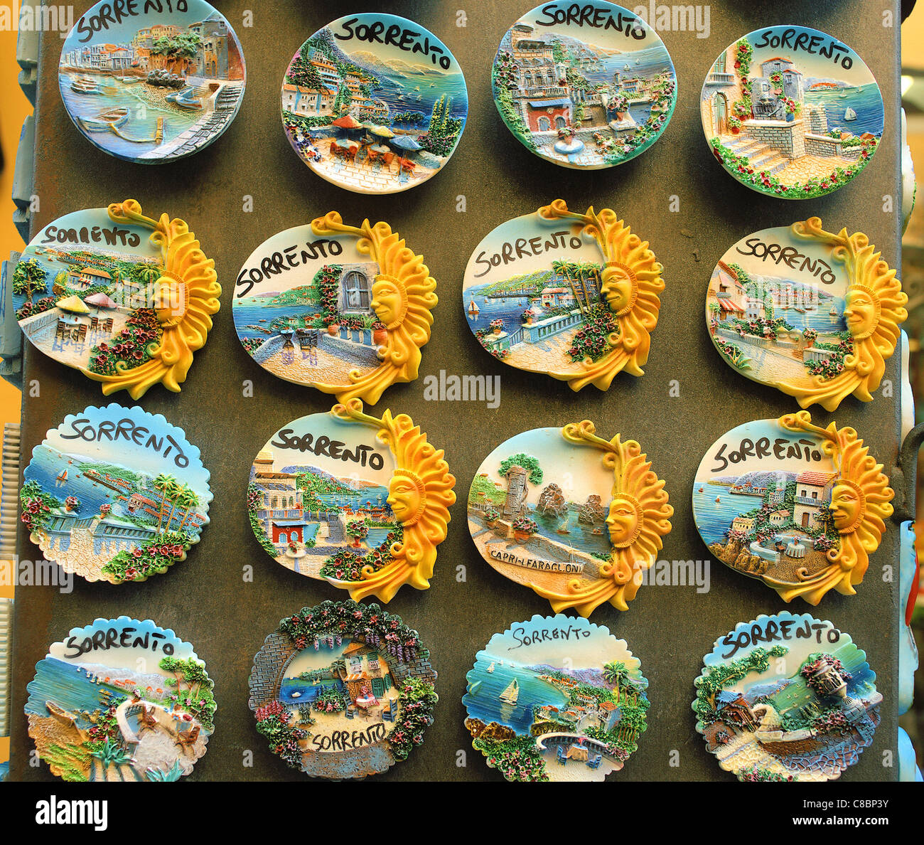 Ceramic colorful souvenirs displayed for sale Sorrento Italy Stock