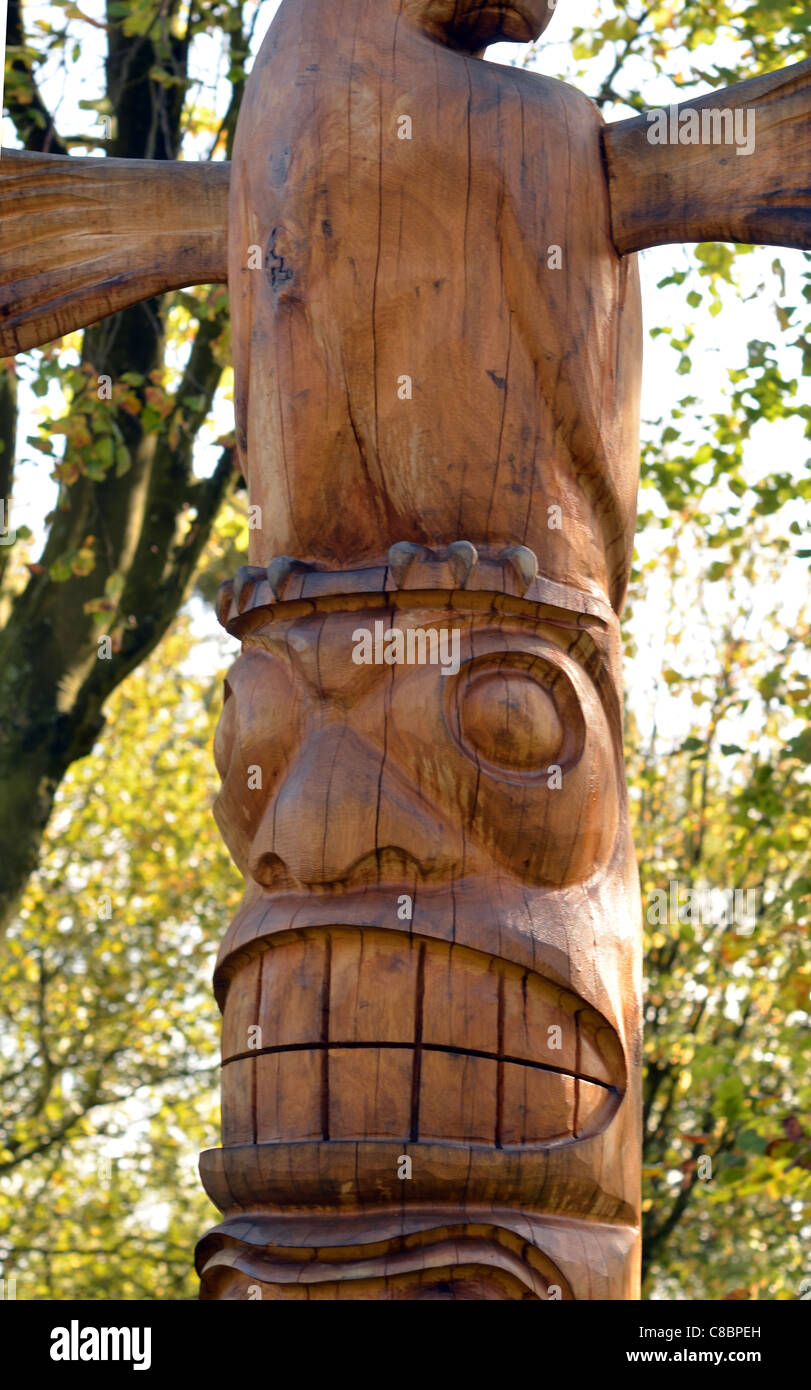 A totem pole standing outside of the Captain Cook Birthplace Museum at  Stewart Park close to Middlesbrough in England Stock Photo - Alamy