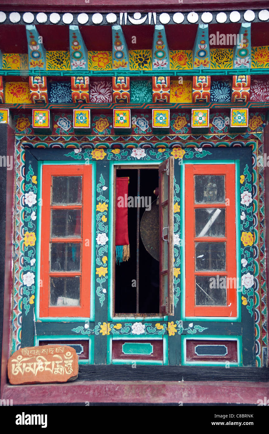 Painterd window Enchey Gompa Gangtok Sikkim India Stock Photo