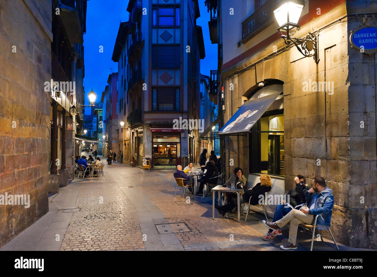 Bars in one of the narrow in the historic Old Town (Casco Viejo), Bilbao, Bizkaia, Basque Country, Spain Stock Photo