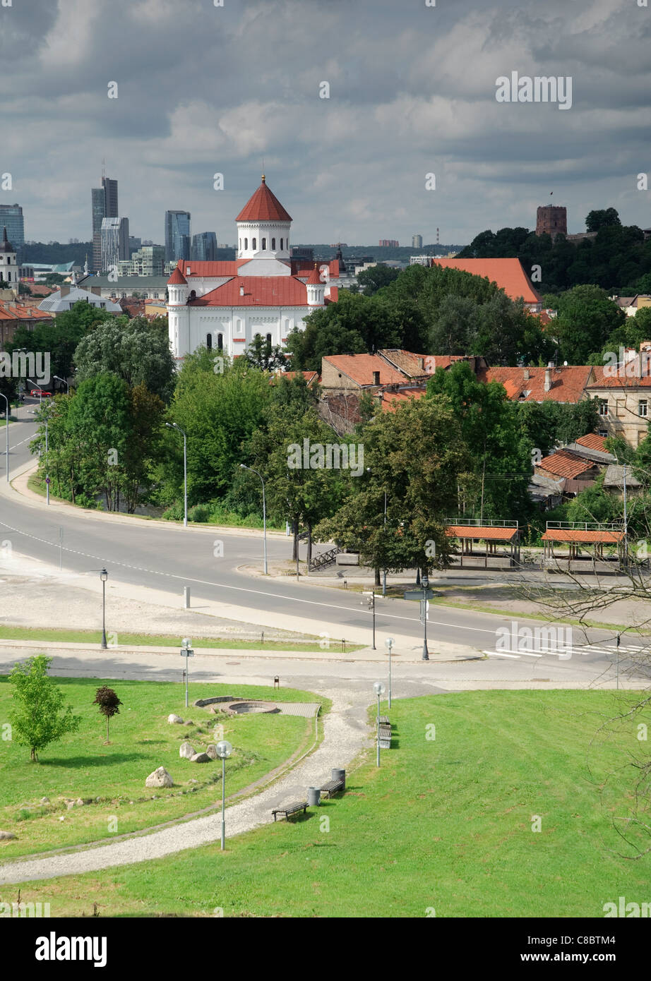 Photograph showing several olandmarks of Vilnius, including Gediminas Castle & the Orthodox Cathedral of the Theotokos. Stock Photo