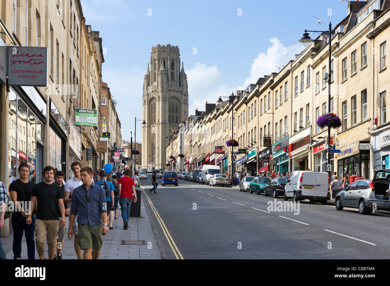 Park Street looking towards the Wills Memorial Building at the University of Bristol, Bristol, Avon, UK Stock Photo