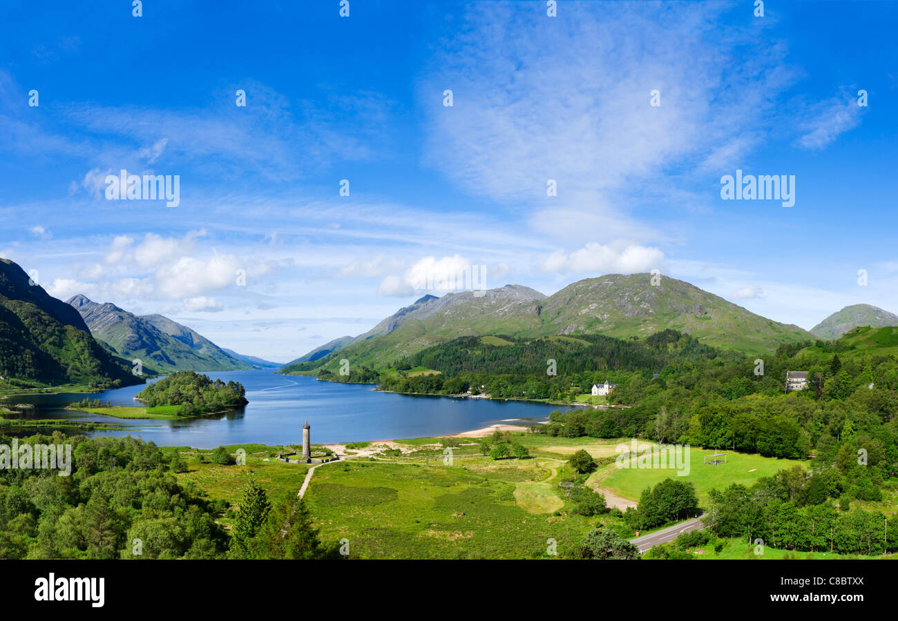 Loch Shiel with Glenfinnan Monument (commemorating the 1745 Jacobite Rising) in  foreground, Glenfinnan,  Scotland, UK Stock Photo