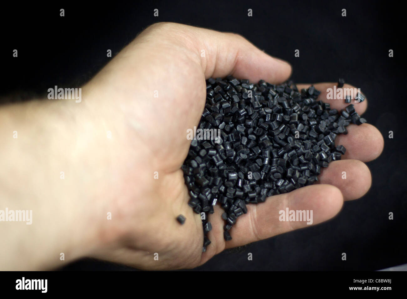 Recycled blue and white plastic "nurdles" (shredded plastic raw