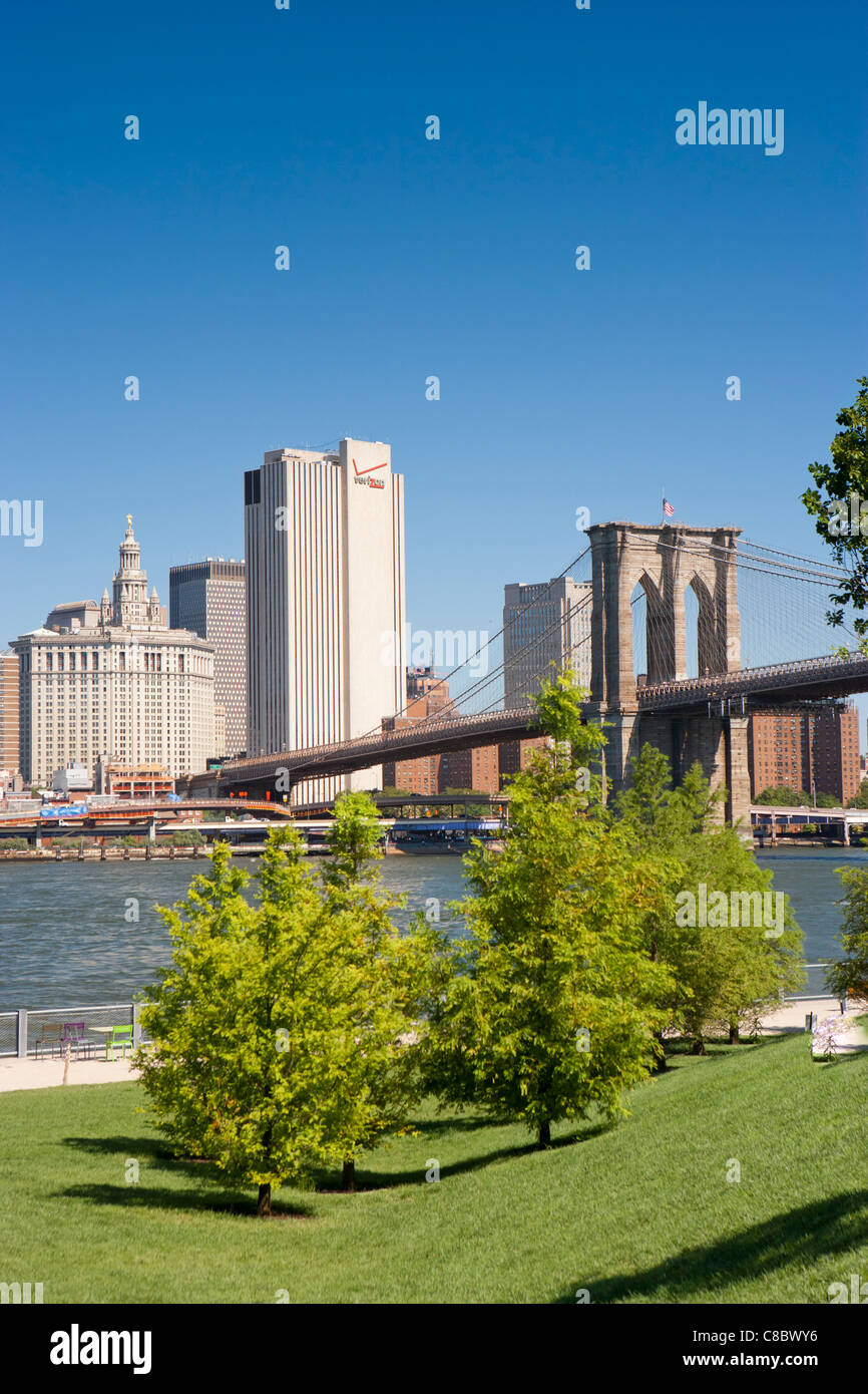 Brooklyn Bridge and New York City Hall from Brooklyn Bridge Park Stock Photo