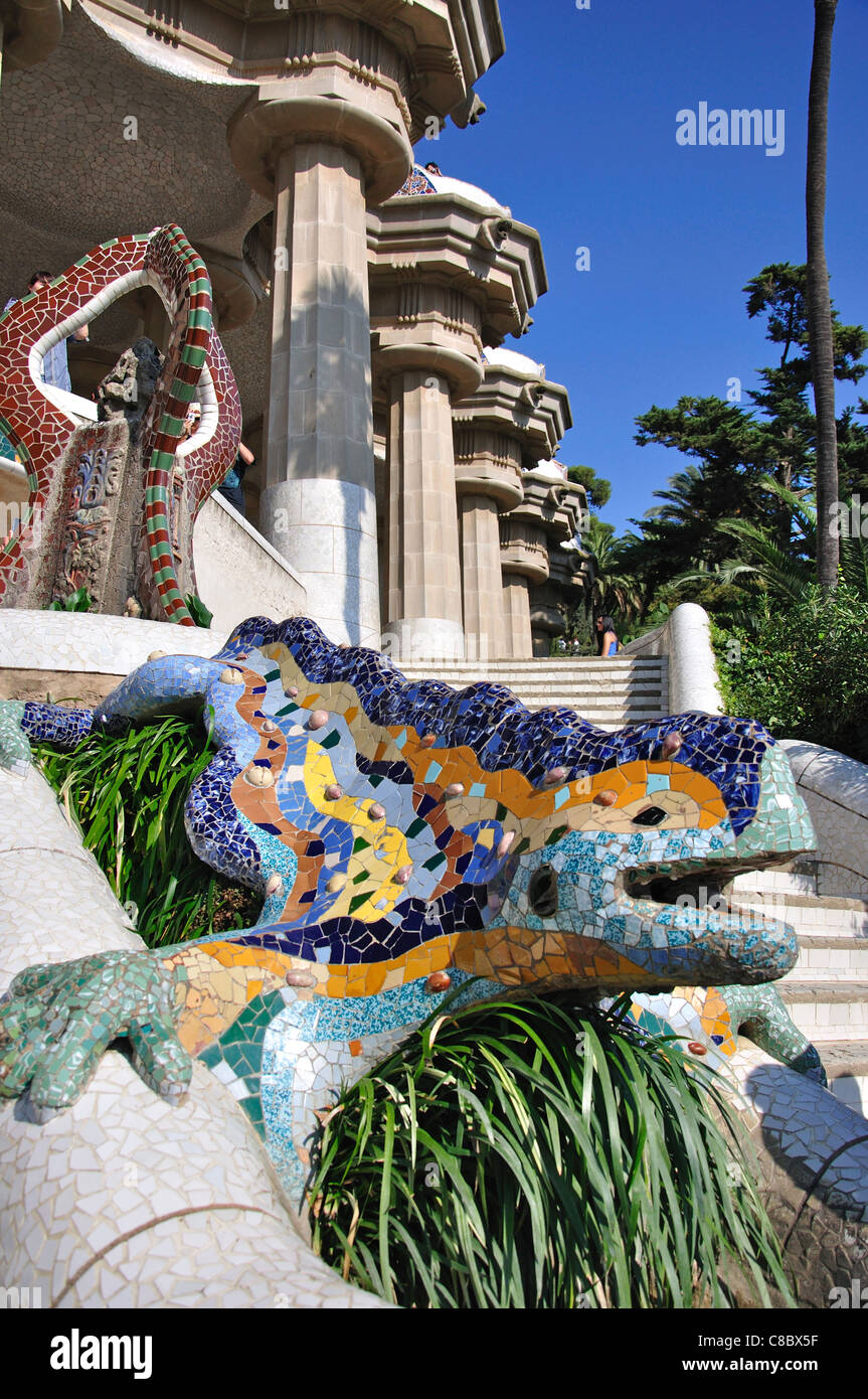 Gaudi's mosaic dragon fountain, Park Guell, Gràcia District, Barcelona, Province of Barcelona, Catalonia, Spain Stock Photo