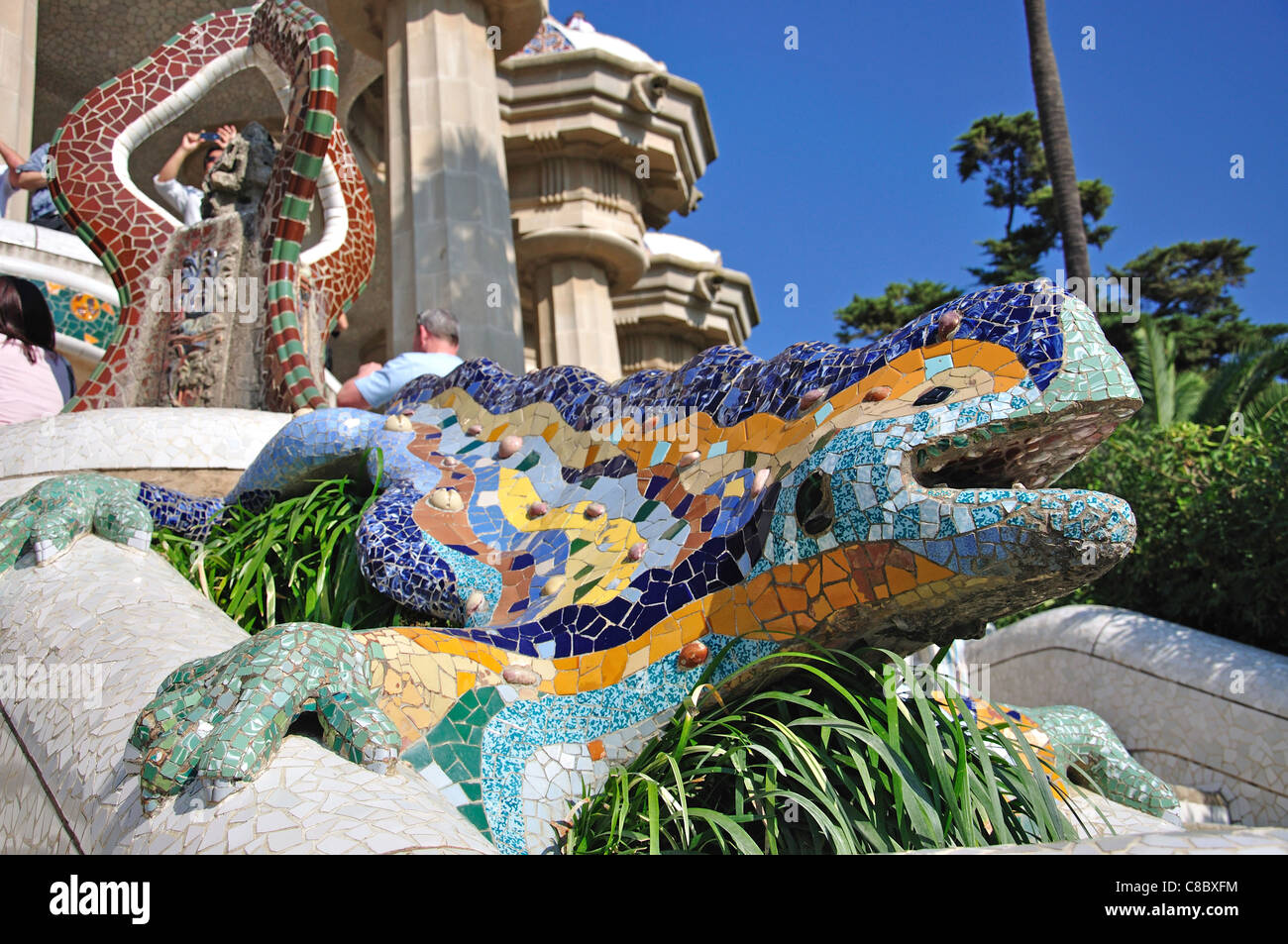 Gaudi's mosaic dragon fountain, Park Guell, Gràcia District, Barcelona, Province of Barcelona, Catalonia, Spain Stock Photo