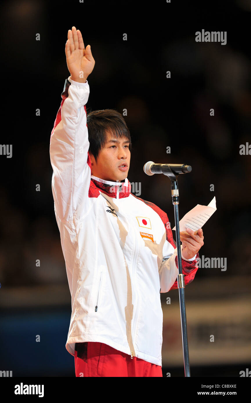Hiroyuki Tomita (JPN) gives a speech during the open ceremony of Artistic Gymnastics Championships Tokyo 2011. Stock Photo