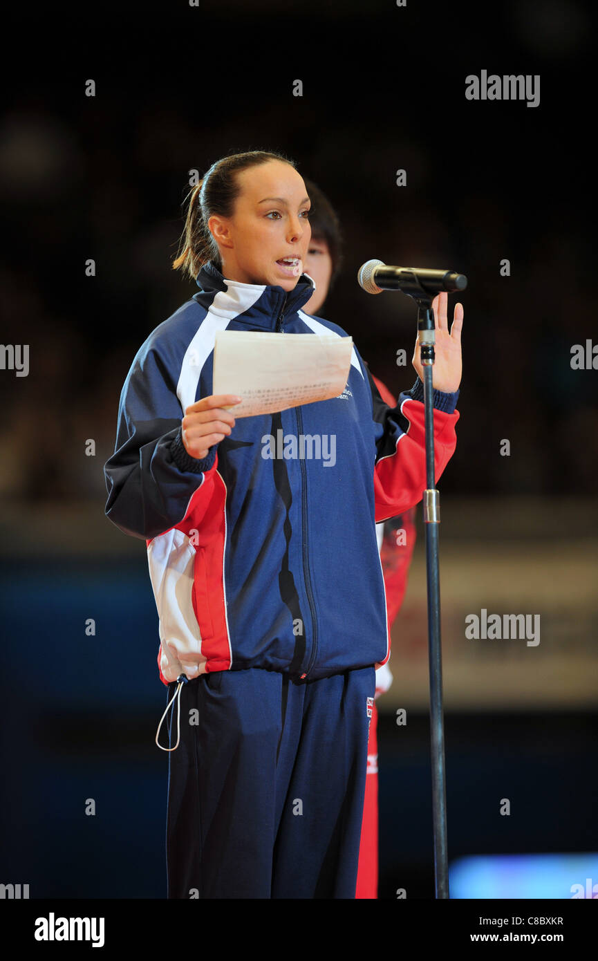 Tweddle Elizabeth (GBR) gives a speech during the open ceremony of Artistic Gymnastics Championships Tokyo 2011. Stock Photo