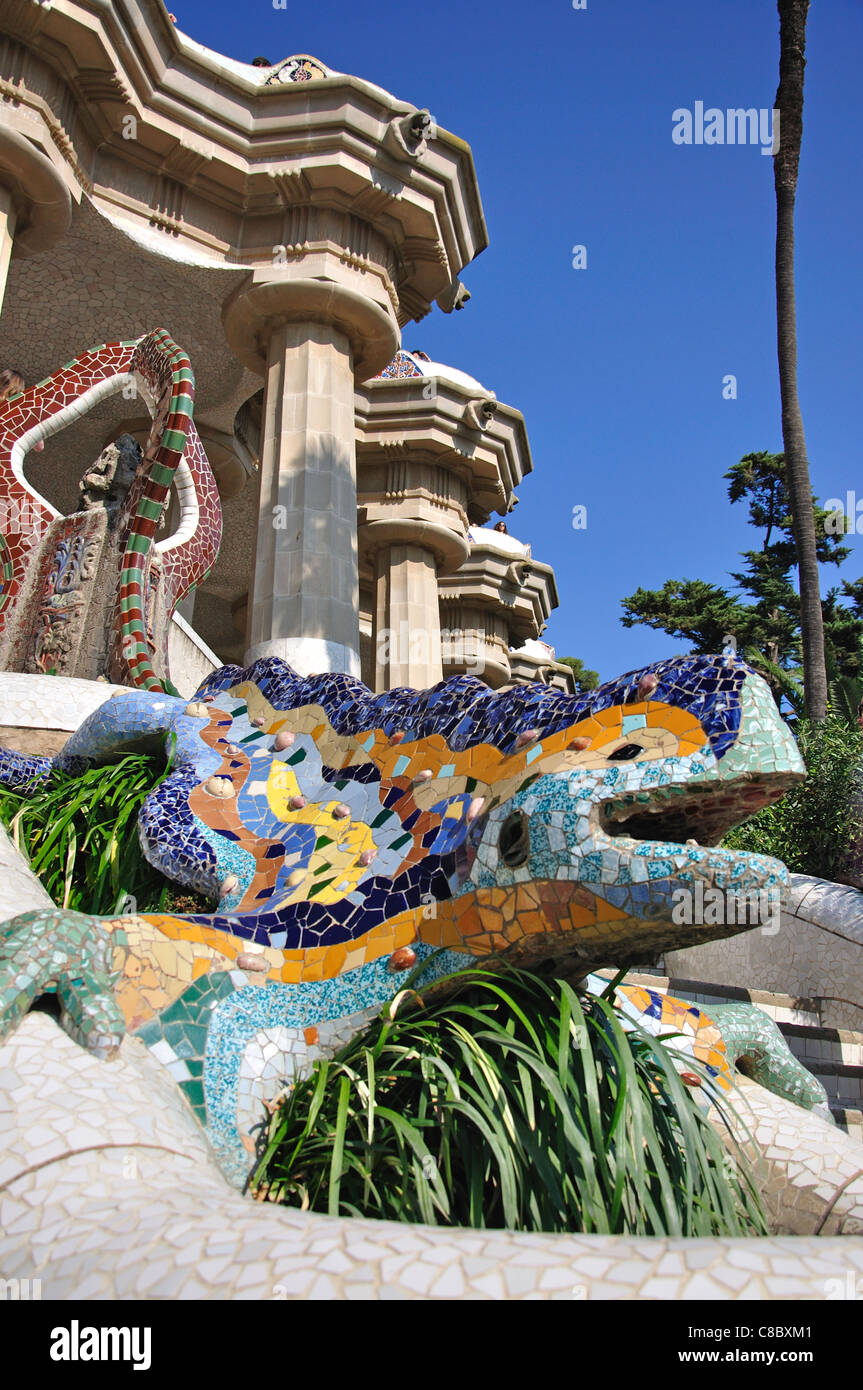 Gaudi's mosaic dragon fountain, Park Guell, Gràcia District, Barcelona, Province of Barcelona, Catalonia, Spain Stock Photo