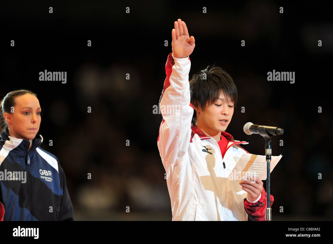 Kohei Uchimura (JPN) gives a speech during the open ceremony of Artistic Gymnastics Championships Tokyo 2011. Stock Photo