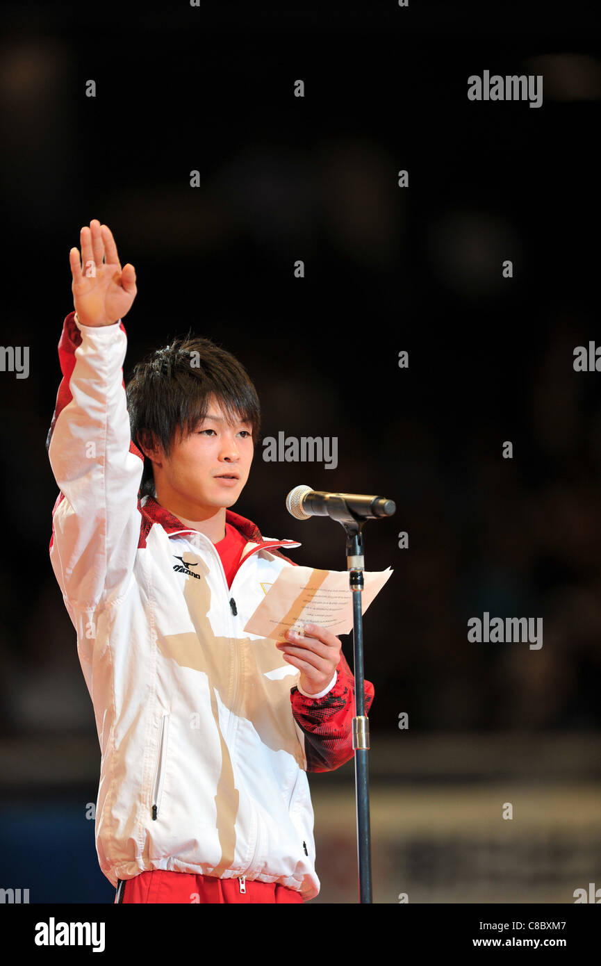Kohei Uchimura (JPN) gives a speech during the open ceremony of Artistic Gymnastics Championships Tokyo 2011. Stock Photo