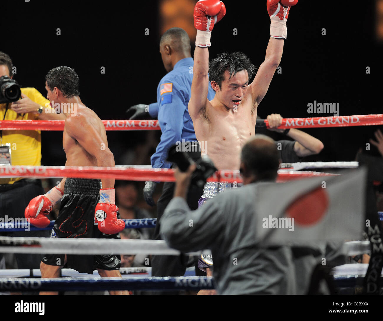 Toshiaki Nishioka of Japan fights during the WBC super bantamweight title bout at MGM Grand. Stock Photo