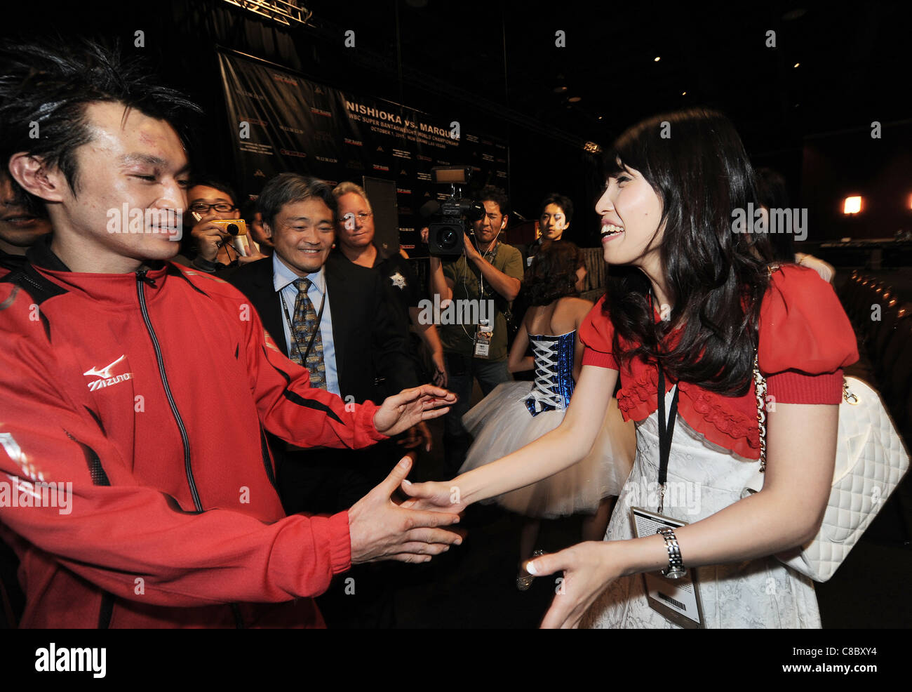 Toshiaki Nishioka of Japan greets his fans during the WBC super bantamweight title bout at MGM Grand. Stock Photo