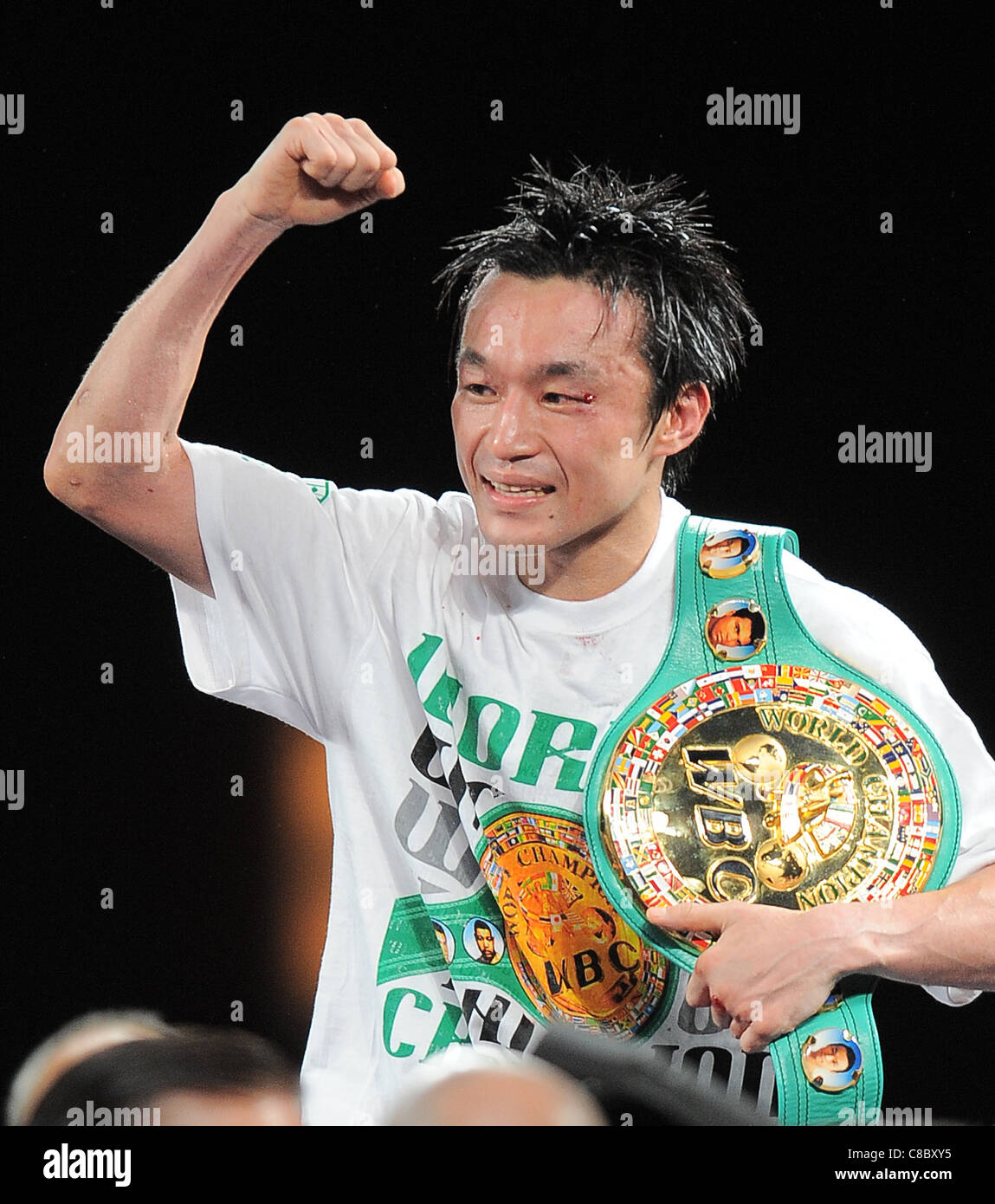 Toshiaki Nishioka of Japan celebrates his victory during the WBC super bantamweight title bout at MGM Grand. Stock Photo