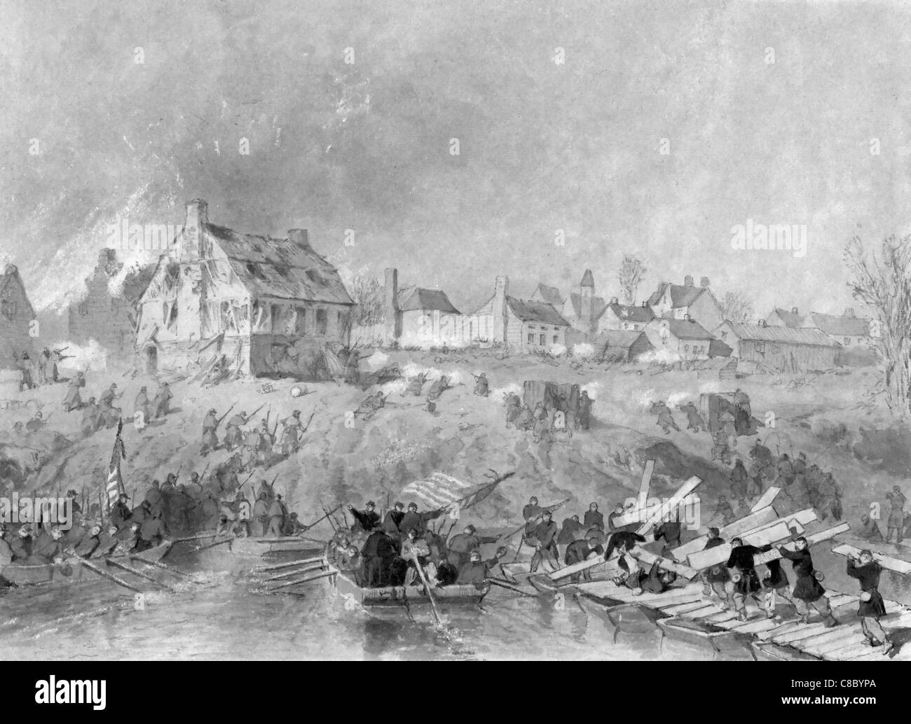 Attack on Fredericksburg - Union troops landing on shore of river, pulling up pontoon bridges, 1862 USA Civil War Stock Photo