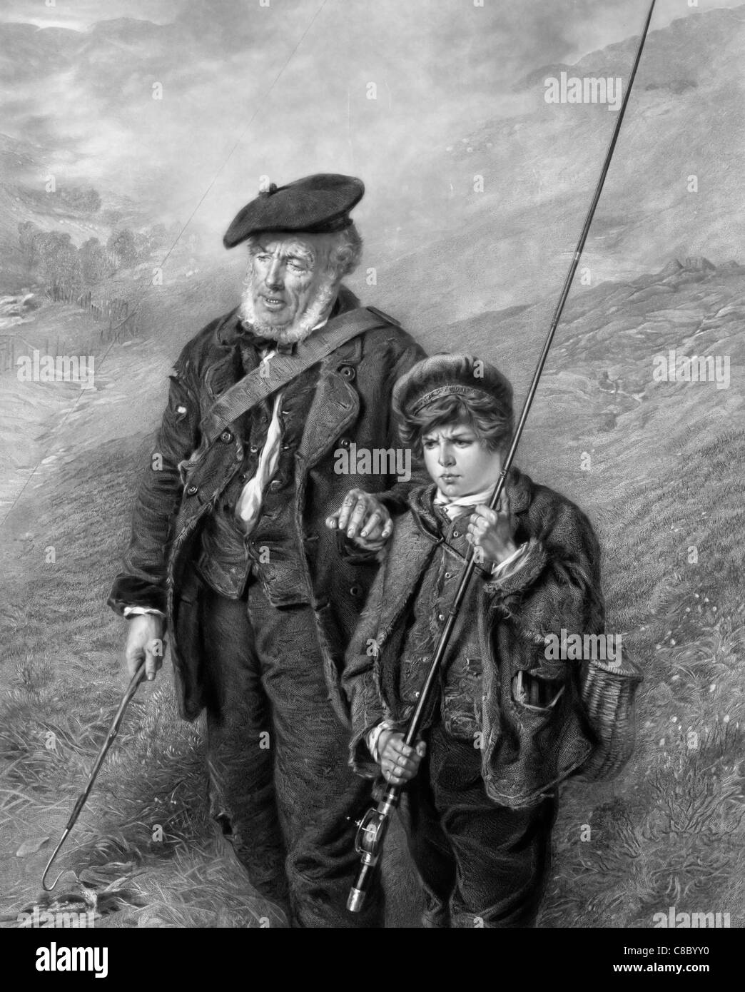 Steady,  Johnnie - steady - Father advises Son who is fishing Stock Photo