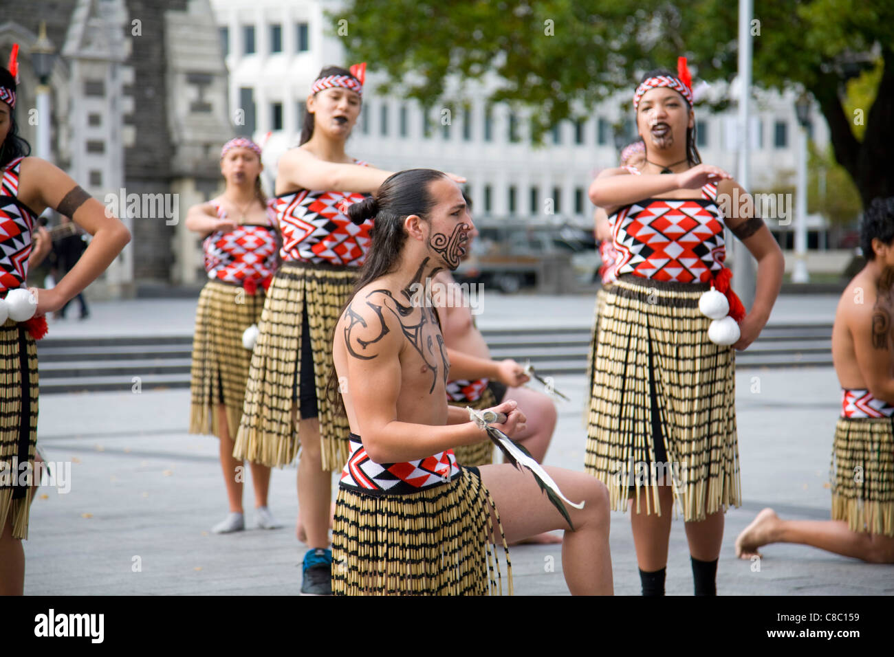 Maori people dance troupe performing in cathedral square,christchurch,canterbury,New Zealand,2008 Stock Photo