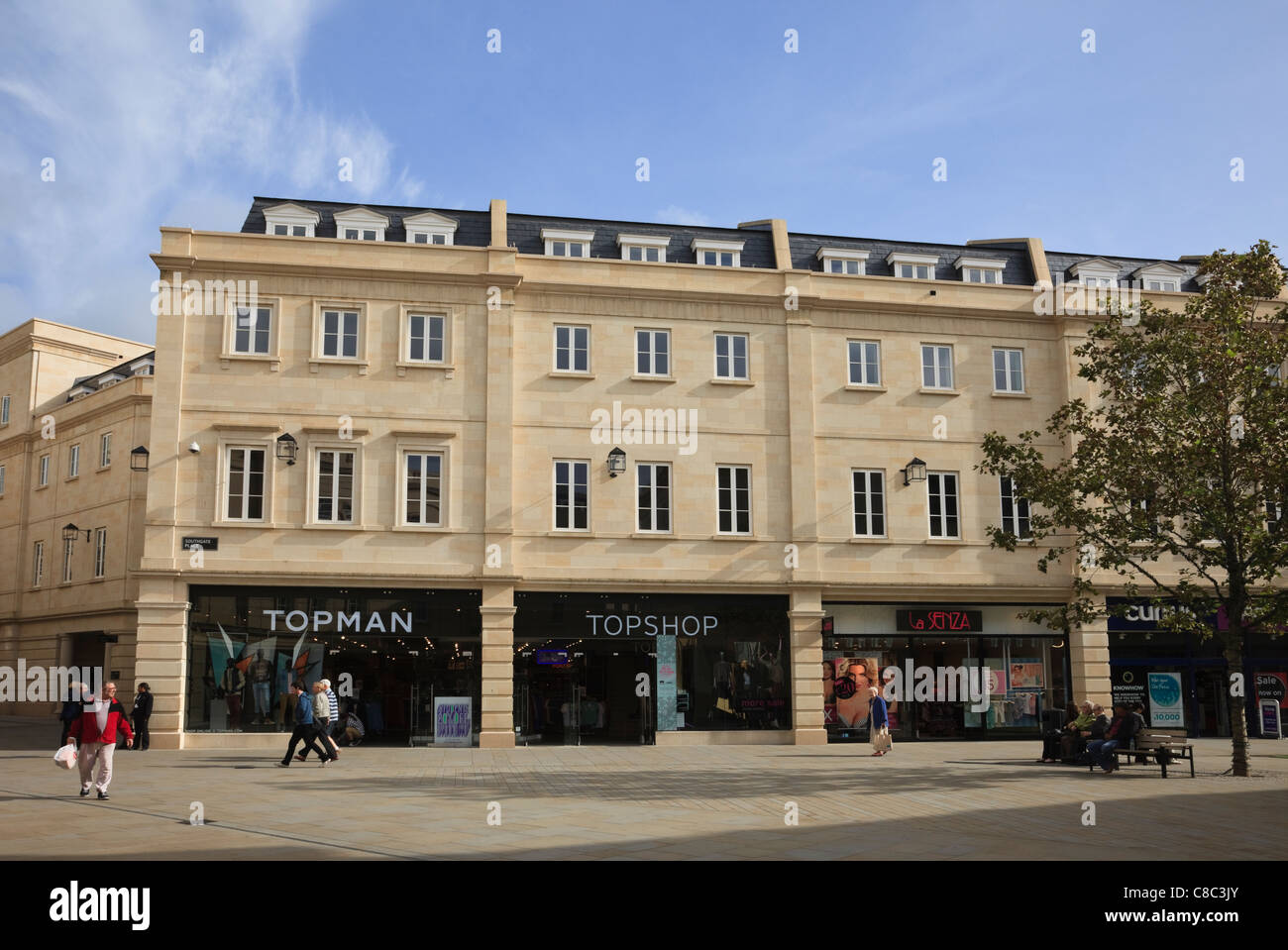 Southgate Place, Bath, Somerset, England, UK. Topman and Topshop stores with shoppers in new pedestrianised shopping centre Stock Photo