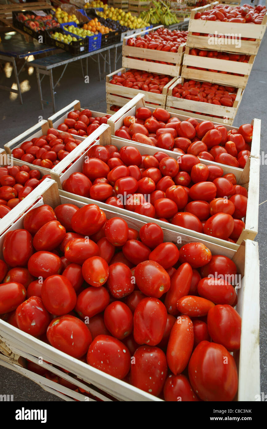 Boxes of tomatoes on sale at the street market in Sulmona, Italy Stock ...