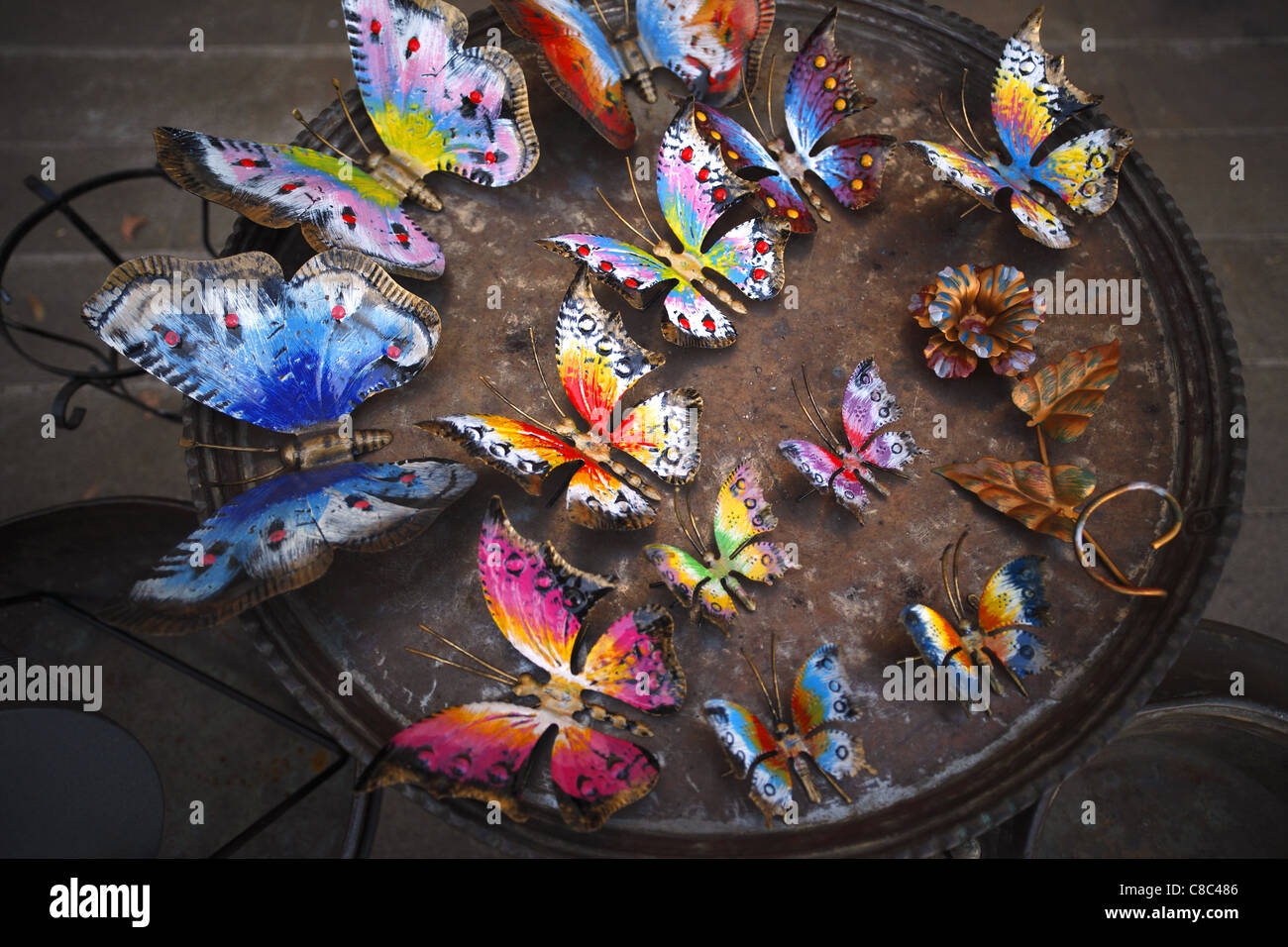 Metal enameled butterflies in Guardiagrele in Abruzzo, Italy. Stock Photo