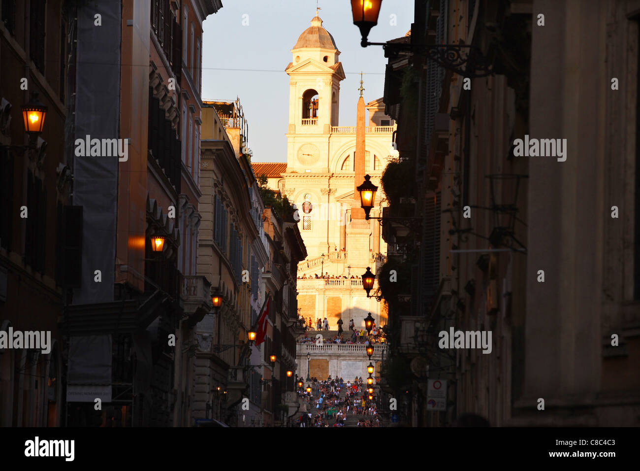 The Church of Trinita Dei Monti above the Spanish Steps seen from via Condotti in Rome, Italy. Stock Photo