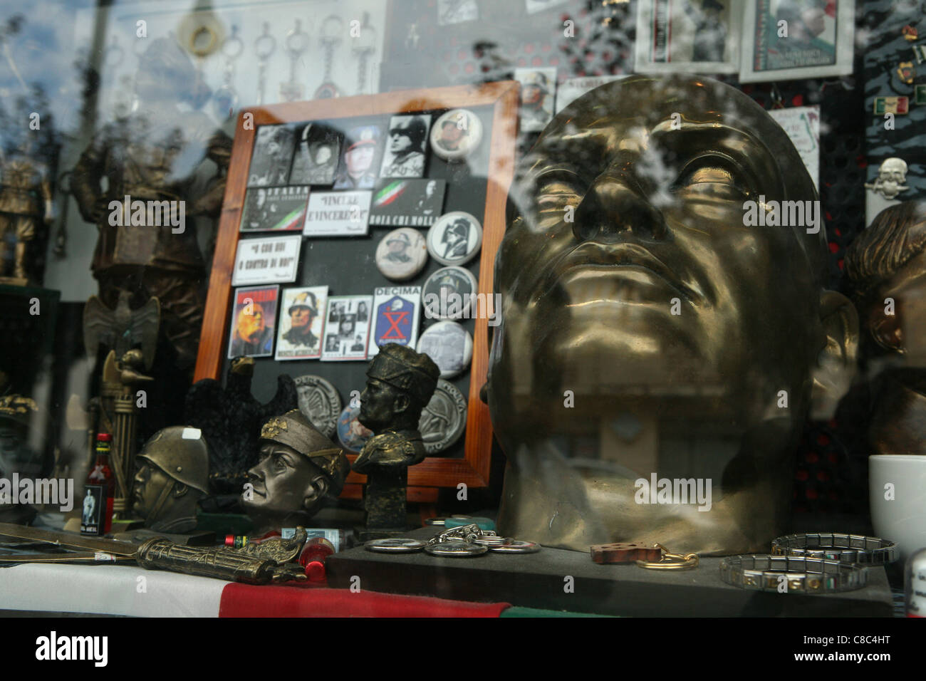 Fascist souvenirs in a souvenir shop in Predappio, Italy. Stock Photo