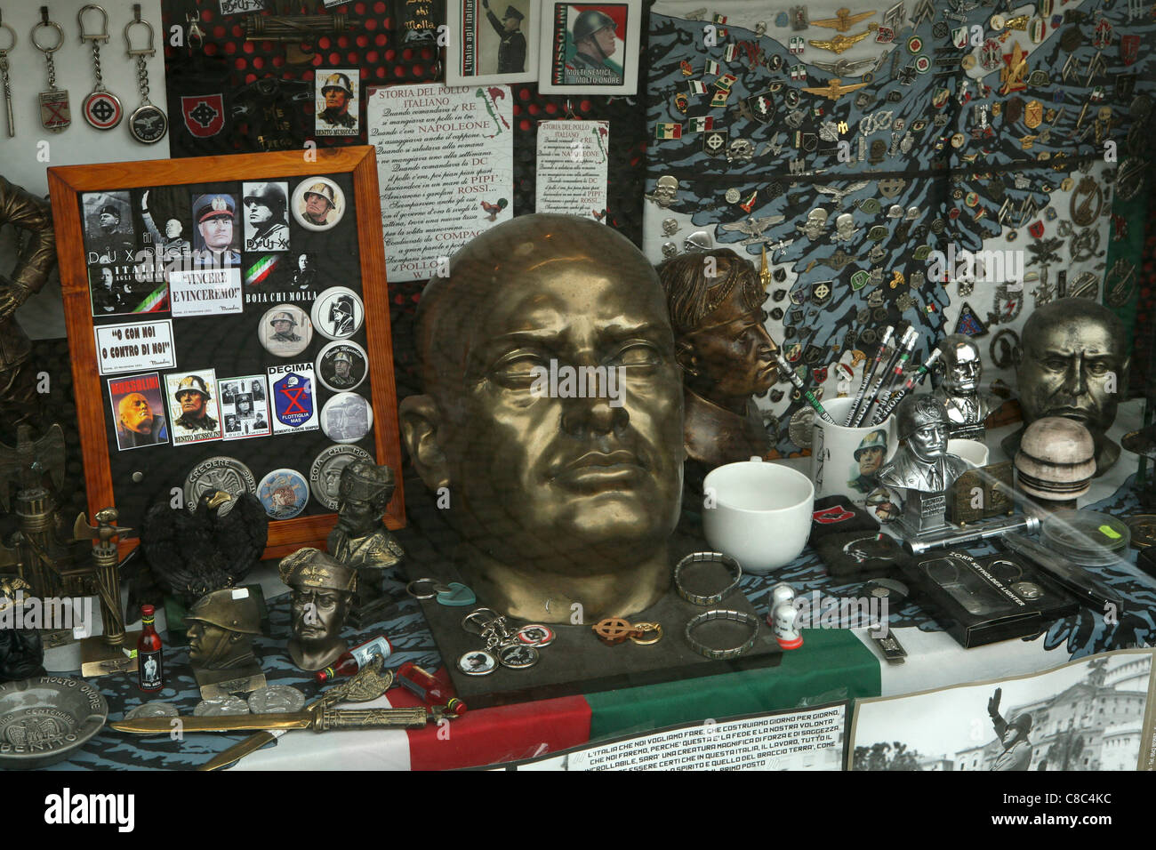 Fascist souvenirs in a souvenir shop in Predappio, Italy. Stock Photo