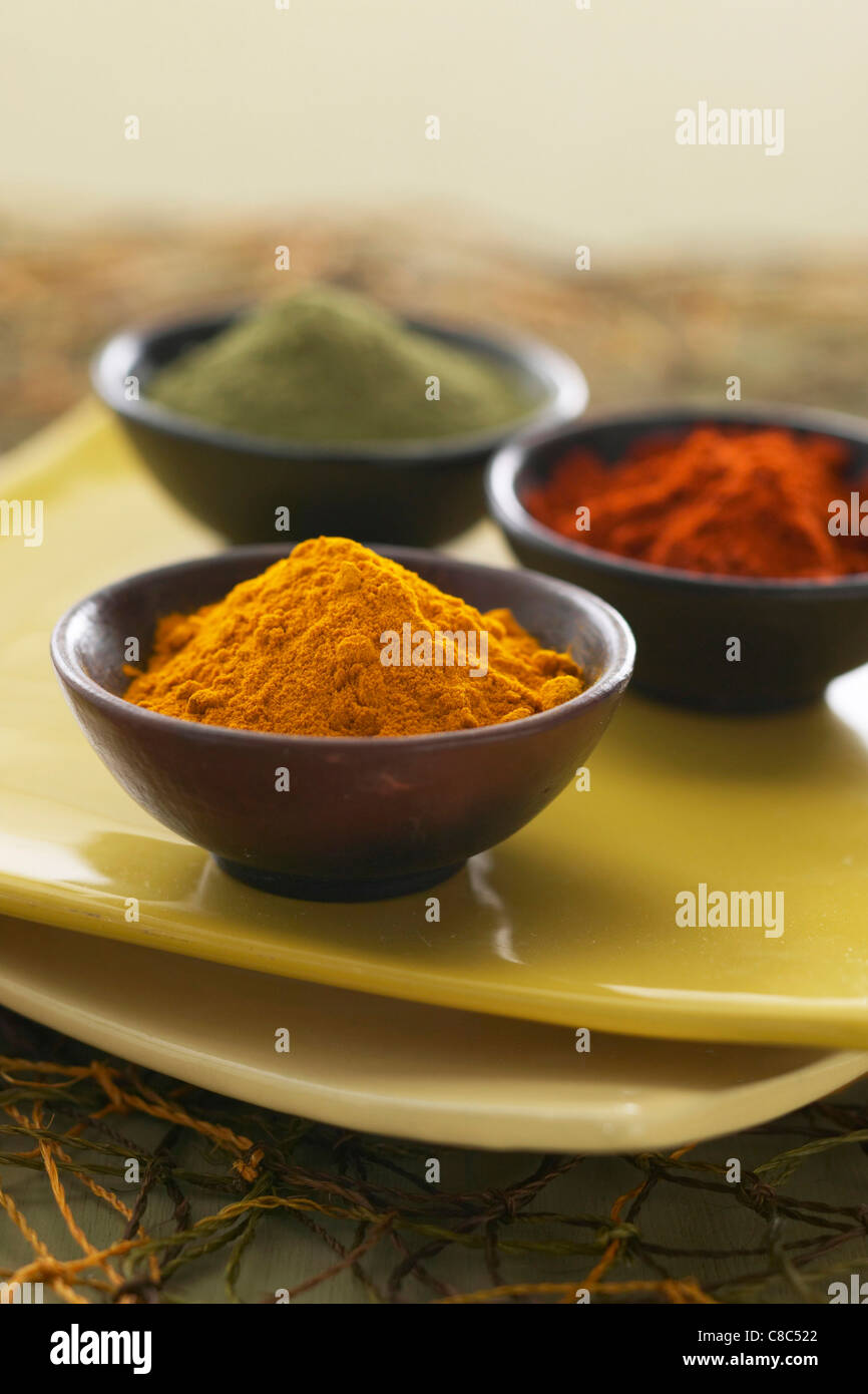 assorted curry powders Stock Photo
