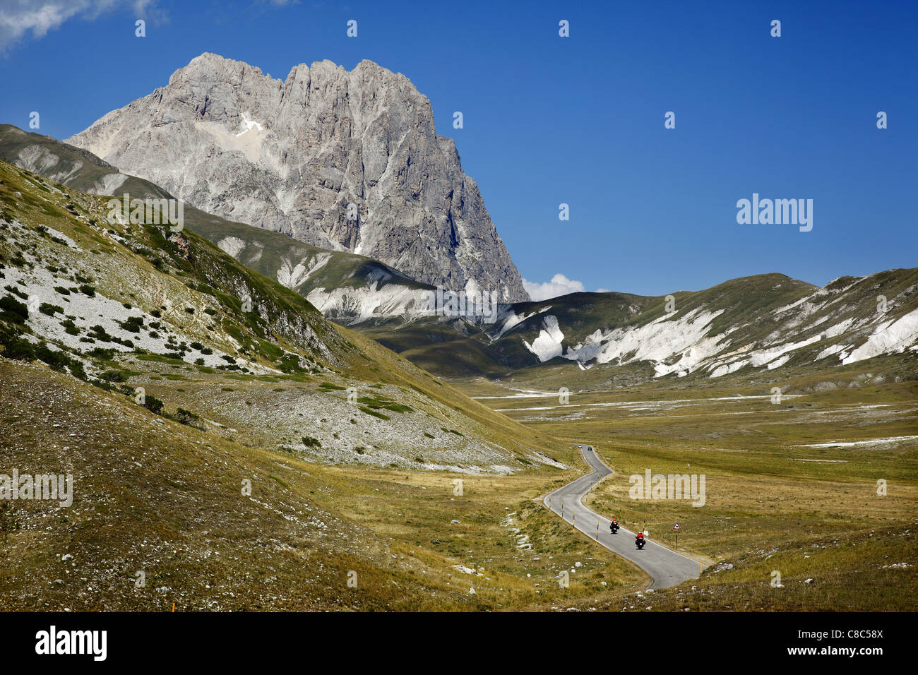 Campo Imperatore in the Gran Sasso, Abruzzo, Italy. In the background is Corno Grande, tallest mountain in the apennines. Stock Photo