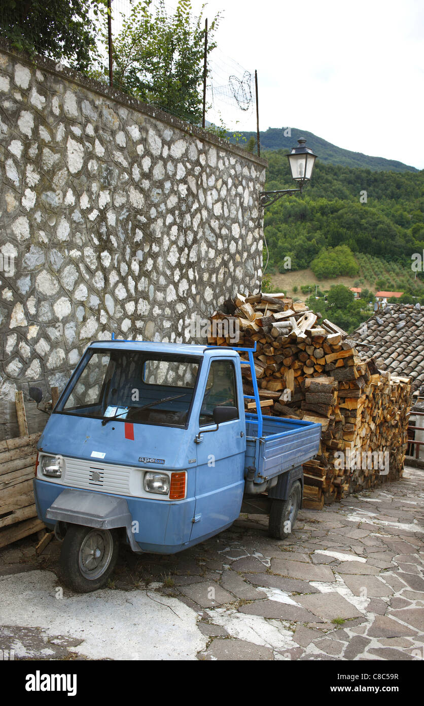A Piaggio Ape near a pile of logs in Italy. Stock Photo