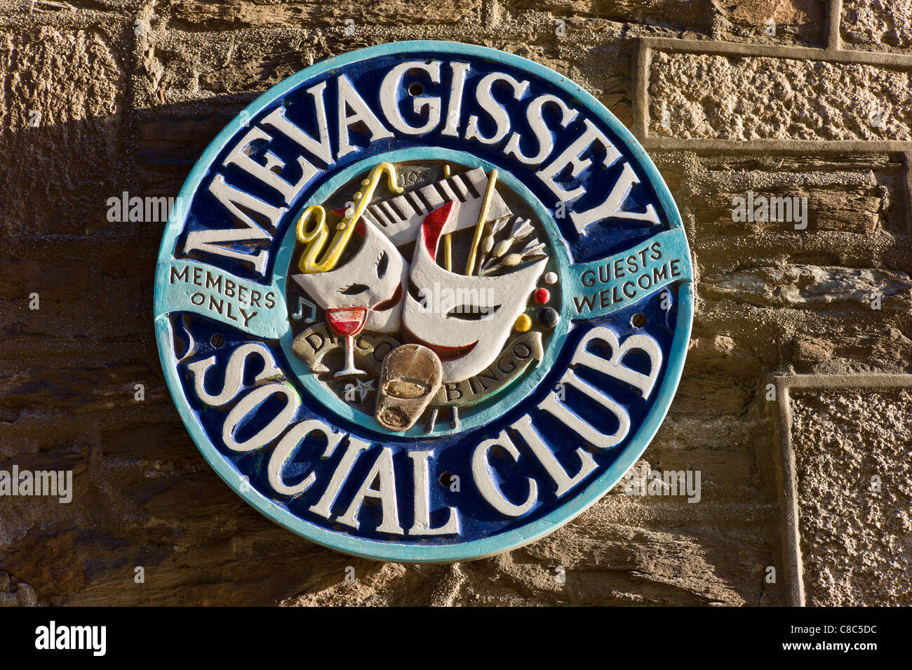Bold sign on wall outside Mevagissey Social Club UK Stock Photo