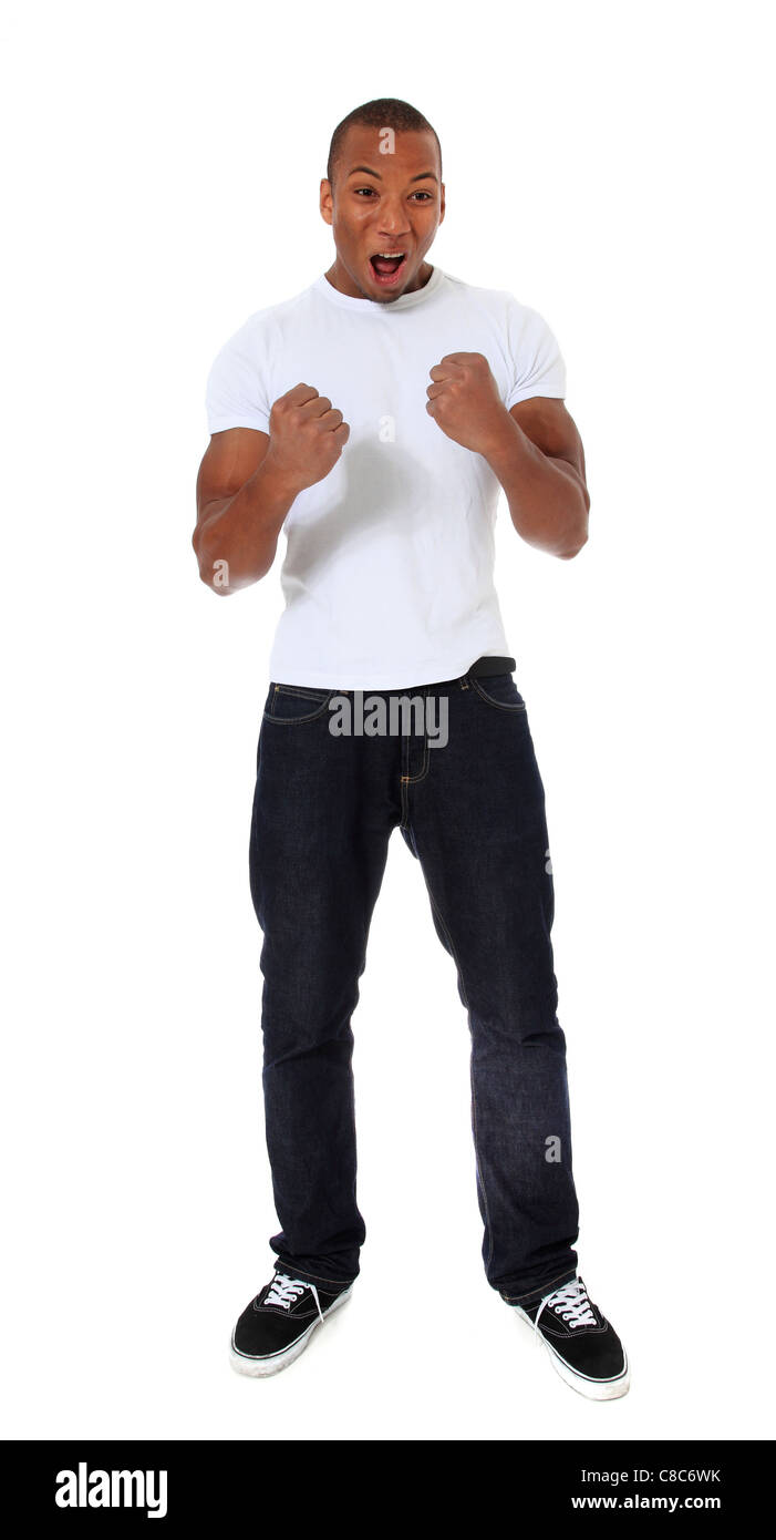 Attractive black man jubilating. All on white background. Stock Photo