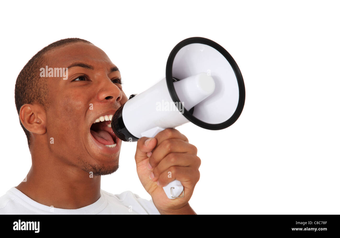 Attractive black using megaphone. All on white background. Stock Photo