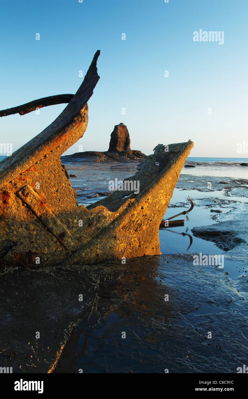Black Nab and wrecked trawler named the Admiral Von Tromp which foundered In October 1976 at Saltwick Bay Stock Photo