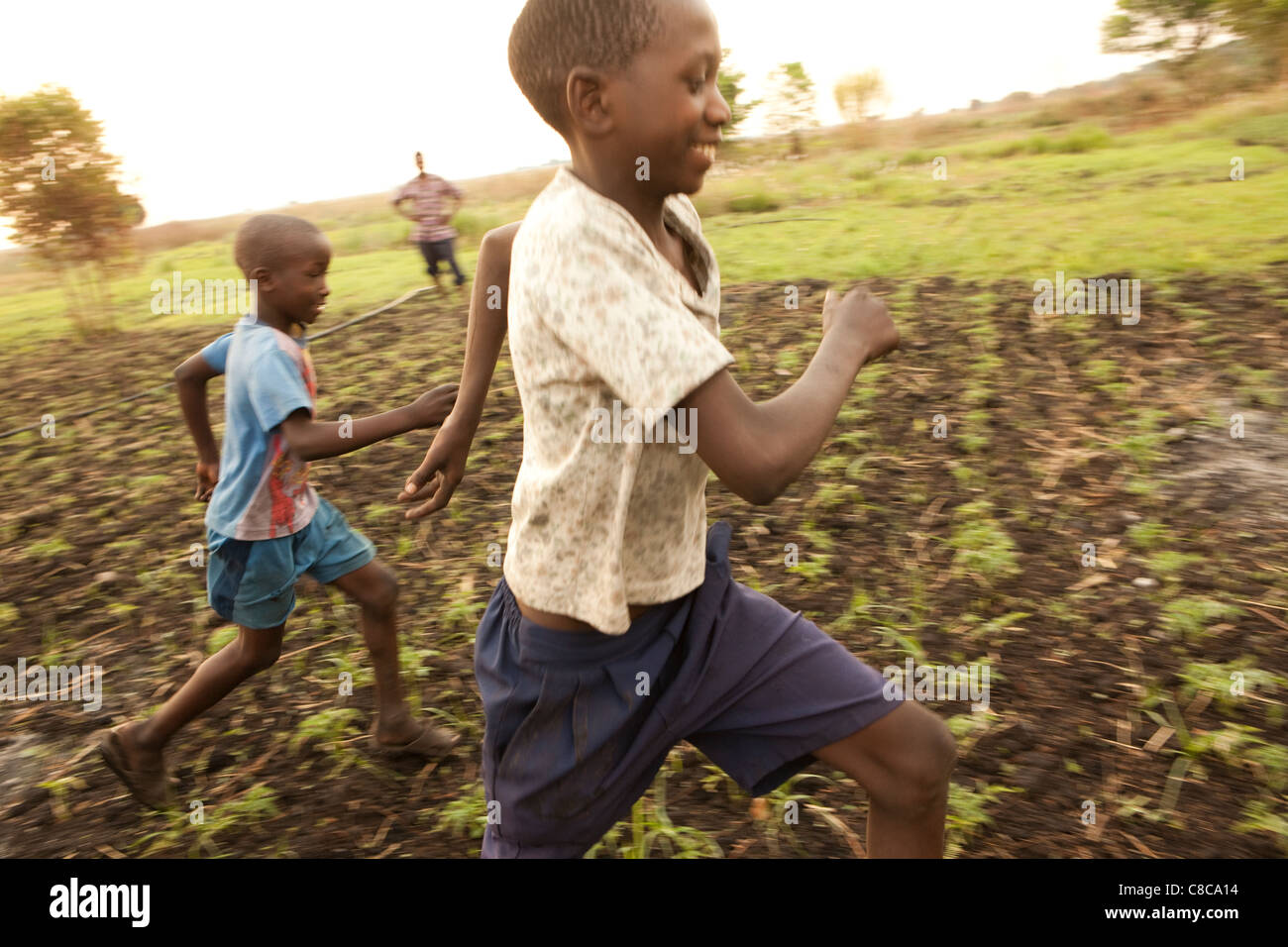Two school boys rund through a vegetable field in Mongu, Zambia, Southern Africa. Stock Photo
