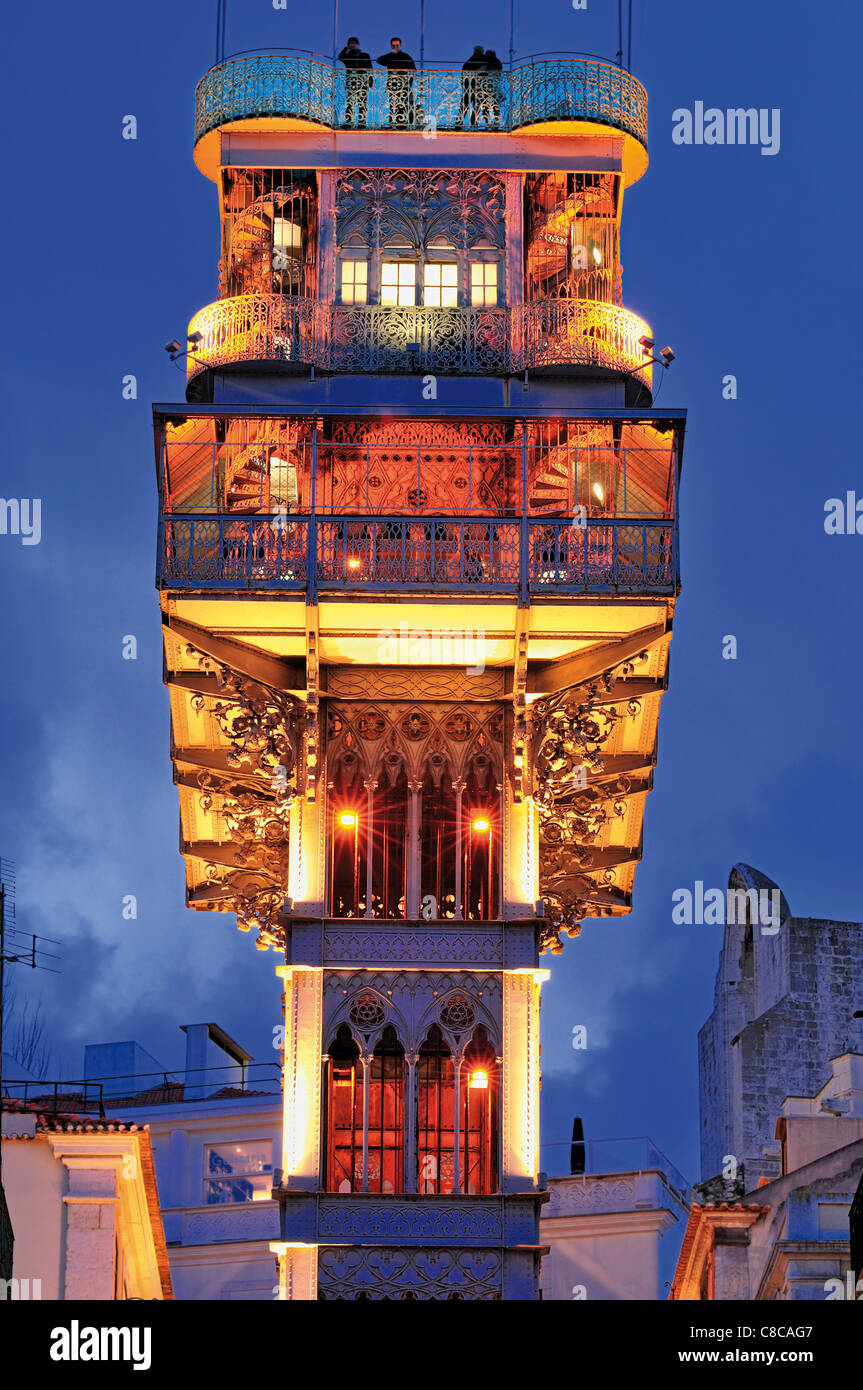 Portugal: Top of the Elevator of Santa Justa in Lisbon´s downtown by night Stock Photo
