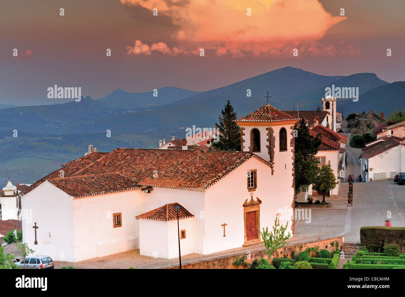 Portugal, Alentejo: View to the historic village of Marvao and the Serra de Sao Mamede in the background Stock Photo