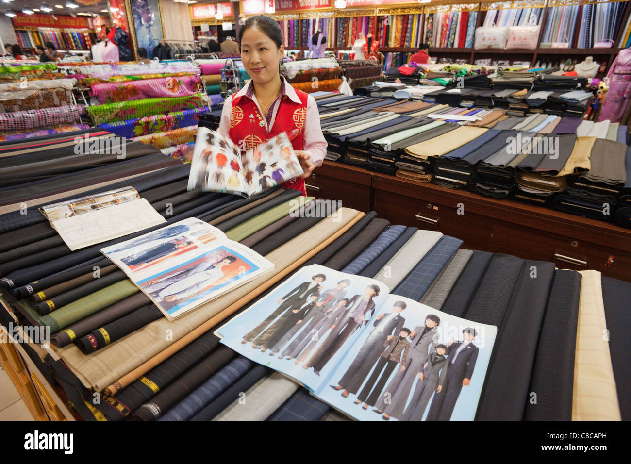 China, Beijing, The Silk Market, Tailor and Fabric Shop Stock Photo