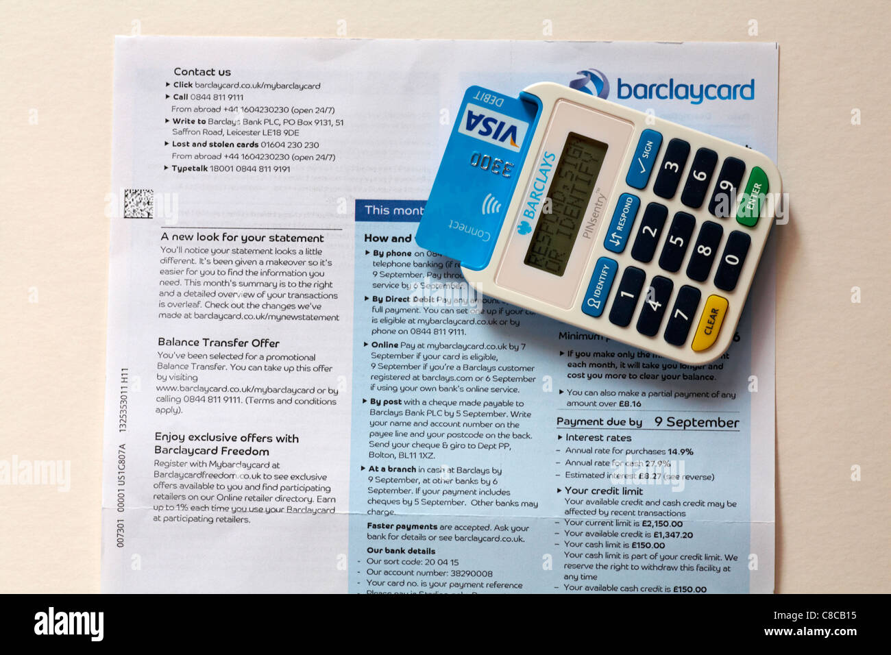 Barclays Pinsentry machine with Visa Connect Card inserted ready to pay Barclaycard bill Stock Photo