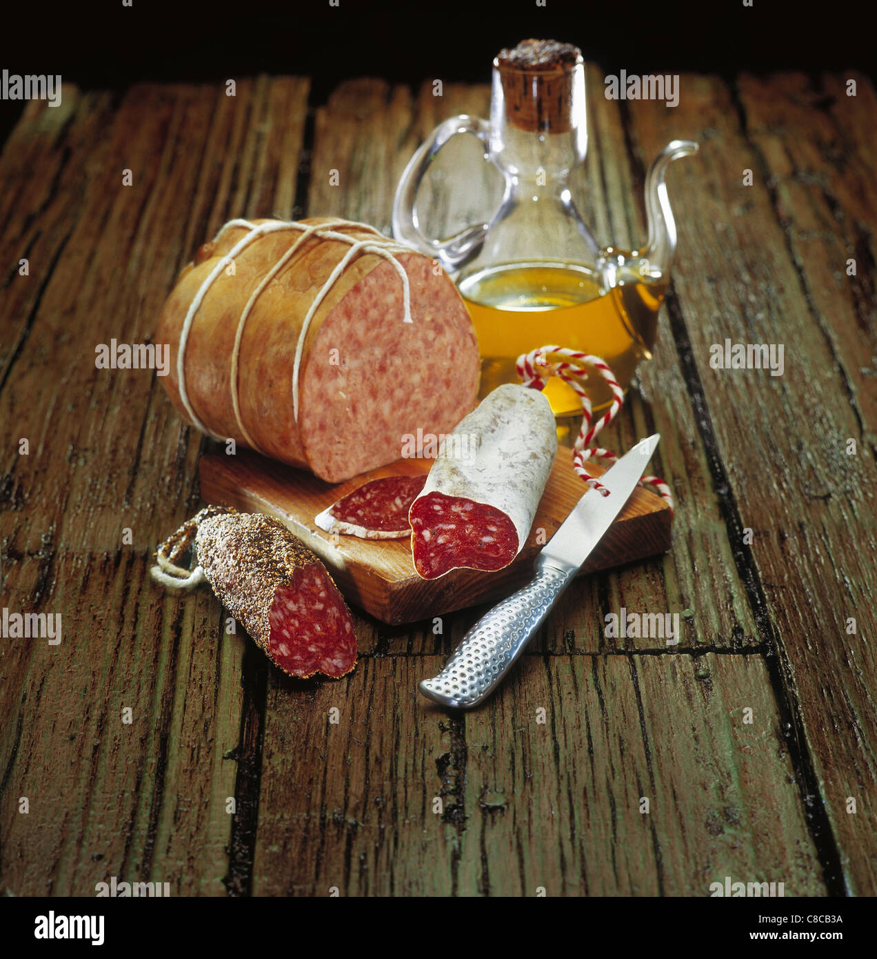 Selection of hams and saucisson sausages Stock Photo